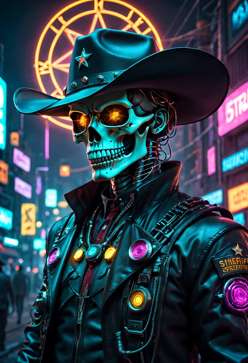 Cyberpunk cyborg,Sheriff,skeleton head,metalictexture,cowboy hat,Cockade,Neon brim,Retro-Future,vibrant with colors,electric sparks,Dystopian cityscape,Network enhancement,glowing light eyes,jaqueta de couro,high - tech,wires and cables,nighttime scene,Mixed reality。(Best quality at best,4K,8K,A high resolution,tmasterpiece:1.2),ultra - detailed,(actual,photoactual,photo-actual:1.37),