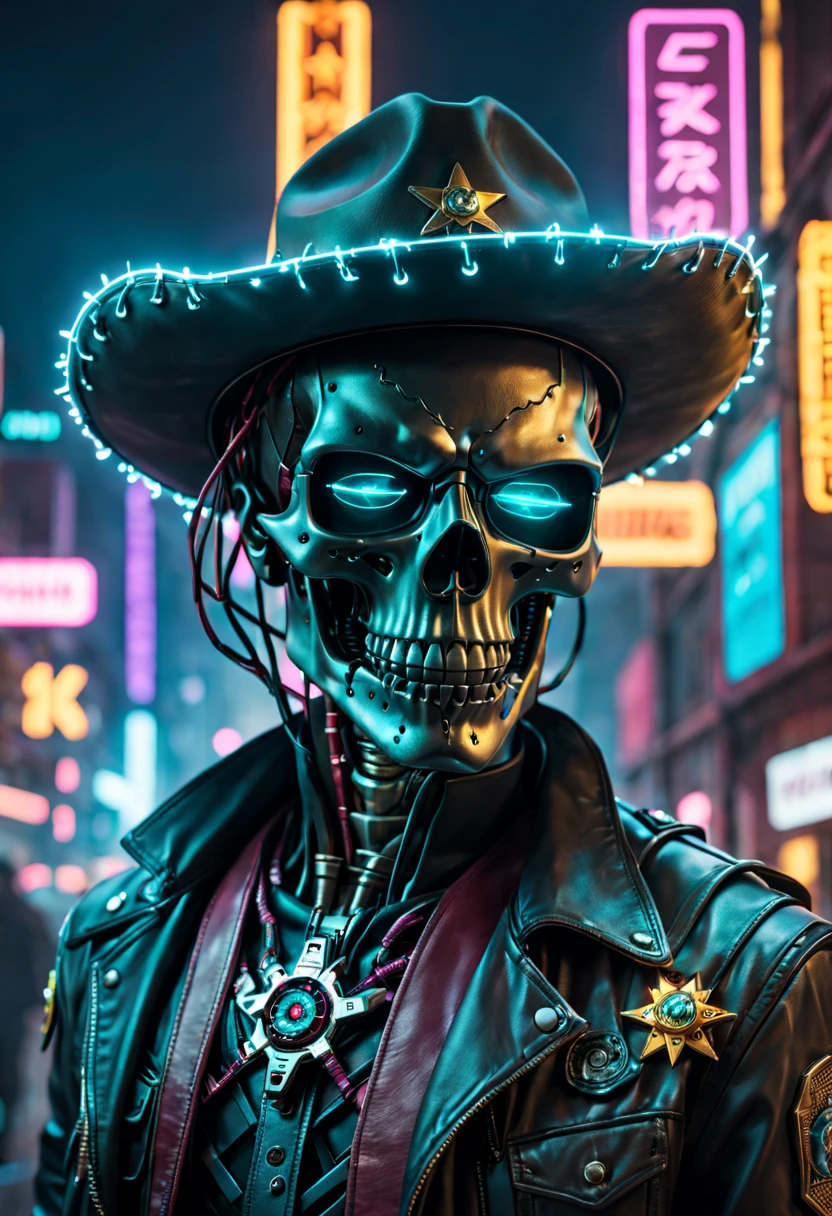 Cyberpunk cyborg,Sheriff,skeleton head,metalictexture,cowboy hat,Cockade,Neon brim,Retro-Future,vibrant with colors,electric sparks,Dystopian cityscape,Network enhancement,glowing light eyes,jaqueta de couro,high - tech,wires and cables,nighttime scene,Mixed reality。(Best quality at best,4K,8K,A high resolution,tmasterpiece:1.2),ultra - detailed,(actual,photoactual,photo-actual:1.37),