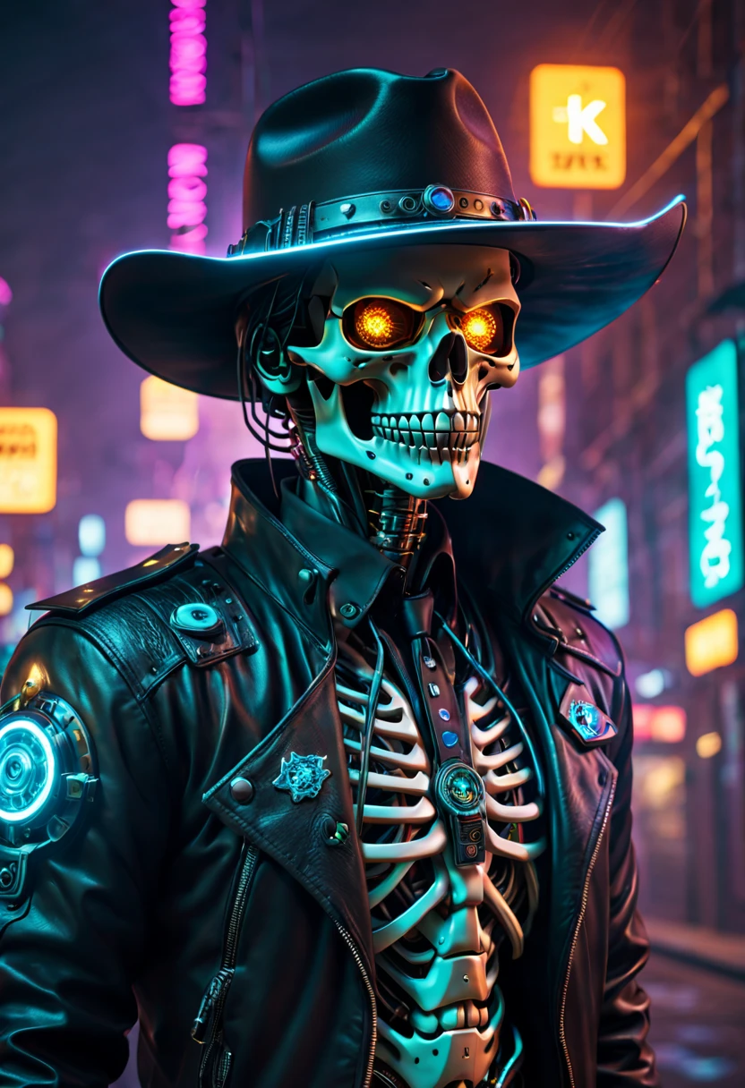 Cyberpunk cyborg，Sheriff，skeleton head，metalictexture，cowboy hat，Cockade，Neon brim，Retro-Future，vibrant with colors，electric sparks，Dystopian cityscape，Network enhancement，glowing light eyes，jaqueta de couro，high - tech，wires and cables，nighttime scene，Mixed reality。(Best quality at best,4K,8K,A high resolution,tmasterpiece:1.2),ultra - detailed,(actual,photoactual,photo-actual:1.37),