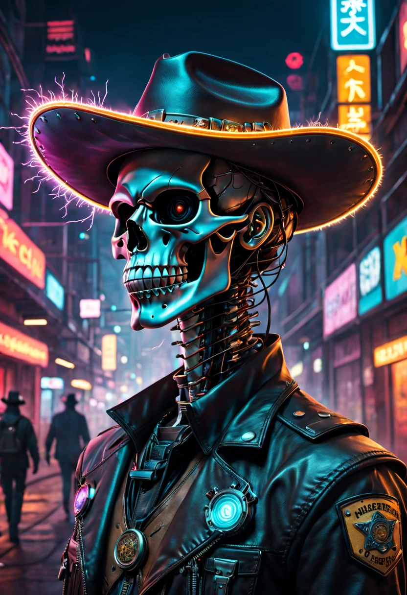 Cyberpunk cyborg,Sheriff,skeleton head,metalictexture,cowboy hat,Cockade,Neon brim,Retro-Future,vibrant with colors,electric sparks,Dystopian cityscape,Network enhancement,glowing light eyes,jaqueta de couro,high - tech,wires and cables,nighttime scene,Mixed reality。(Best quality at best,4K,8K,A high resolution,tmasterpiece:1.2),ultra - detailed,(actual,photoactual,photo-actual:1.37),