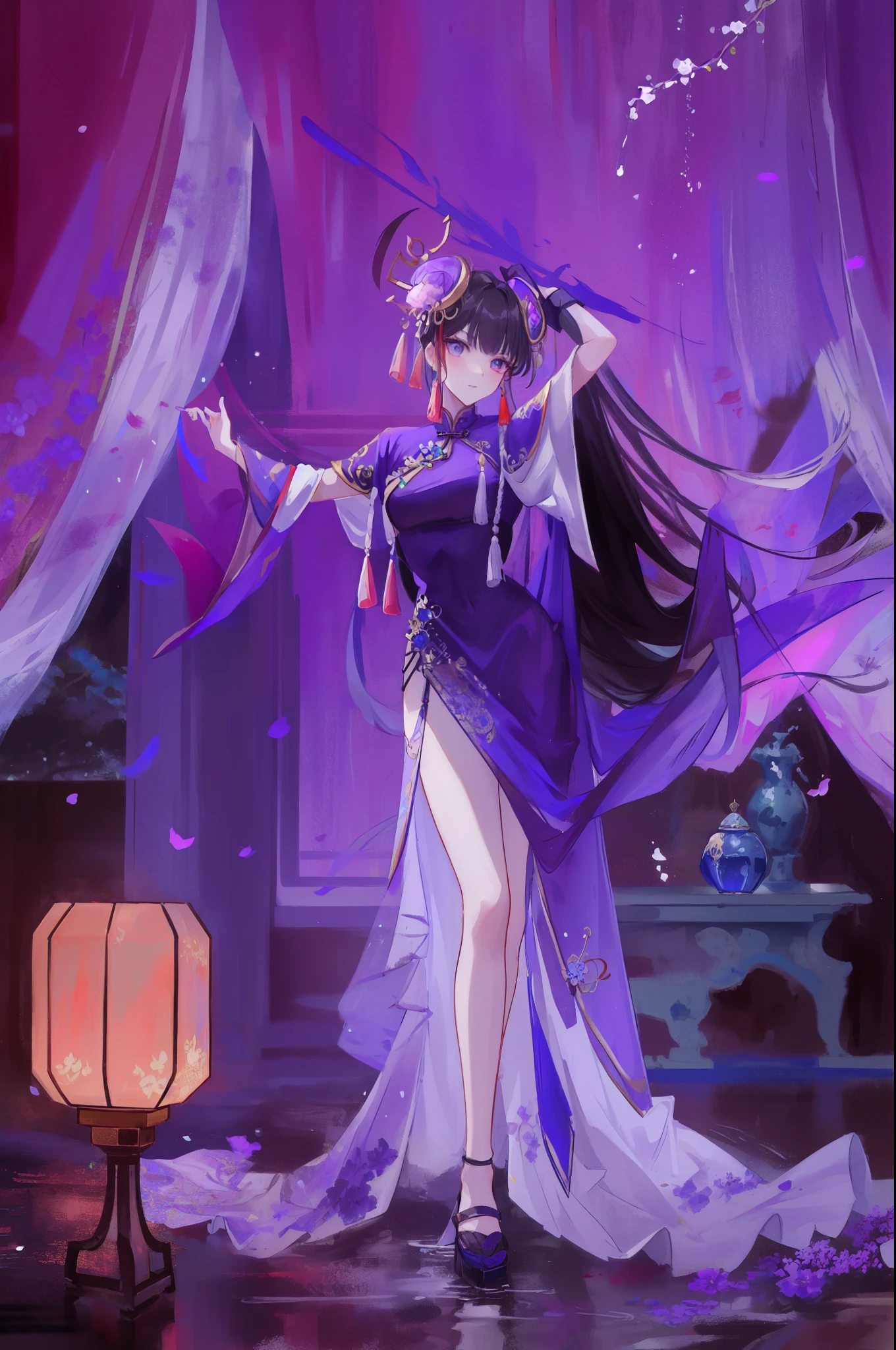 (painting:1.3), (blurry:1.3), (blurry drawing:1.3), a woman in a purple dress is dancing in the water, (black long hair:1.2), elegant glamourous , glamourouull body xianxia, chinese costume, ornate , oriental fantasy, maya fey from ace attorney, inspired by Lan Ying, chinese fantasy, flowing magical robe, anime , a beautiful fantasy empress, inspired by Li Mei-shu, chinese empress