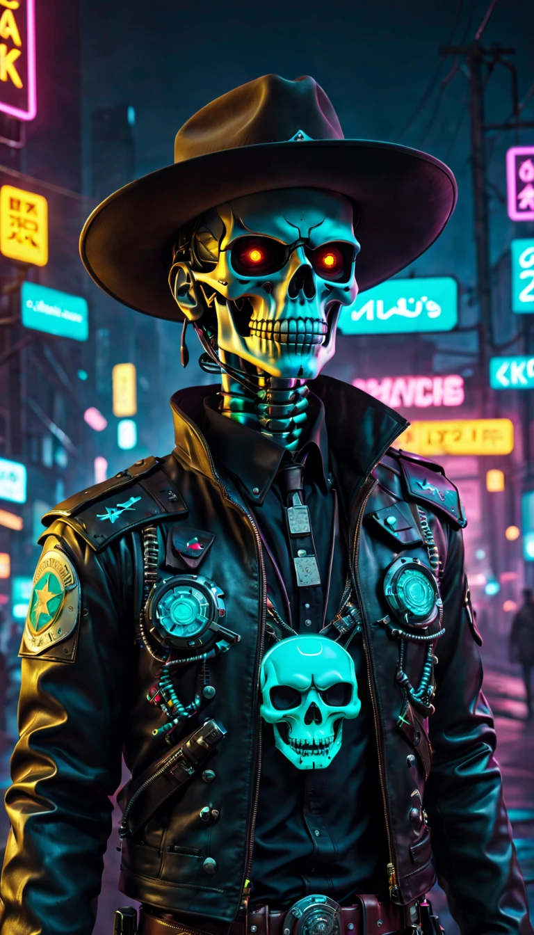 Cyberpunk cyborg,Sheriff,skeleton head,metalictexture,cowboy hat,Cockade,Neon brim,Retro-Future,vibrant with colors,electric sparks,Dystopian cityscape,Network enhancement,glowing light eyes,jaqueta de couro,high - tech,wires and cables,nighttime scene,Mixed reality。(Best quality at best,4K,8K,A high resolution,tmasterpiece:1.2),ultra - detailed,(actual,photoactual,photo-actual:1.37),