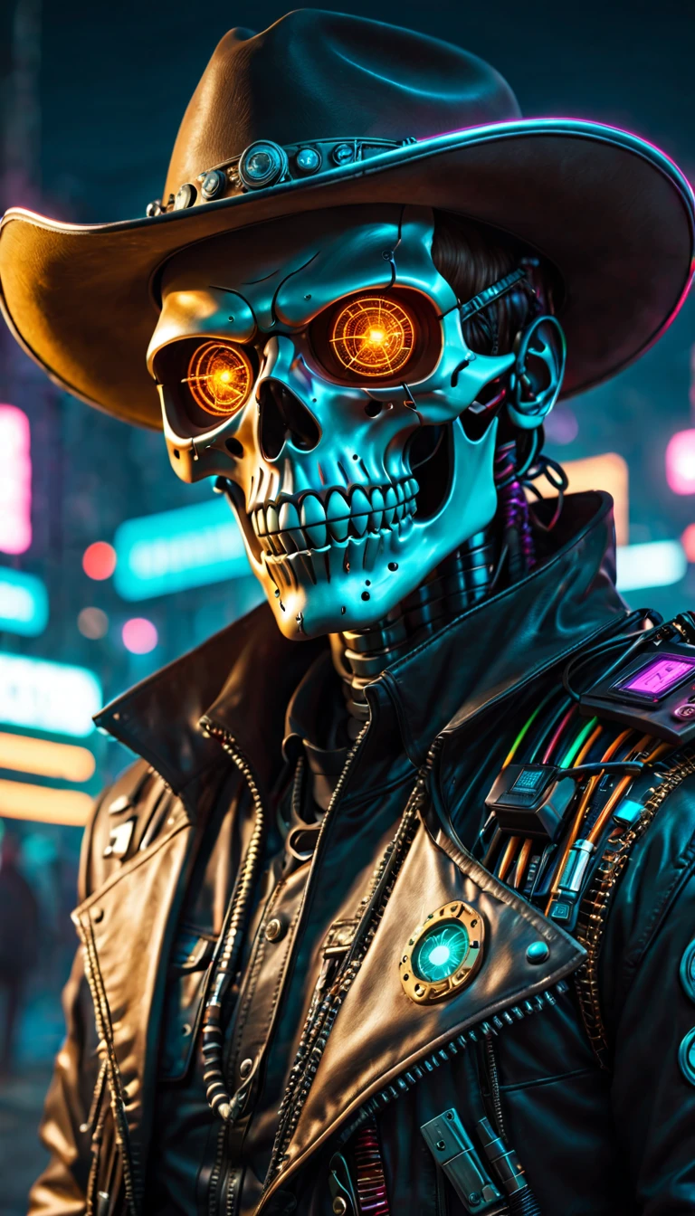 Cyberpunk cyborg，Sheriff，skeleton head，metalictexture，cowboy hat，Cockade，Neon brim，Retro-Future，vibrant with colors，electric sparks，Dystopian cityscape，Network enhancement，glowing light eyes，jaqueta de couro，high - tech，wires and cables，nighttime scene，Mixed reality。(Best quality at best,4K,8K,A high resolution,tmasterpiece:1.2),ultra - detailed,(actual,photoactual,photo-actual:1.37),