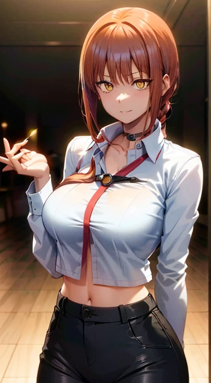 (masutepiece, Best Quality:1.2), Solo, 1girl in, Red hair, Yellow eyes, Makima, lots of Yor, Yor, Unbuttoned shirt with collar, bend, Yor on chest, Black buttonless pants, Big ass, wide hips, Yor on hair, Yor bathed