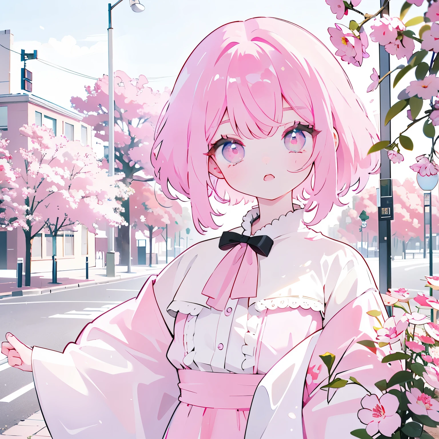 pink hair, Two-tailed, pink eyes, ta, white clothing, Upper torso