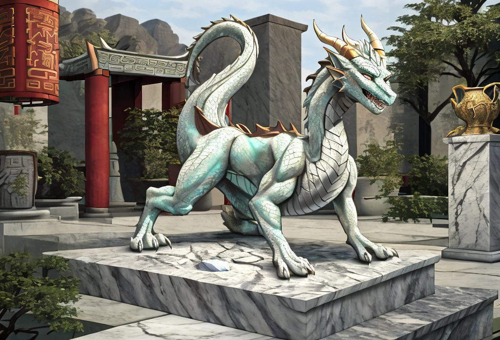 There is a terrified woman standing on all fours on a stone plinth outside of a forgotten asian temple, Her feet and hands are stuck to the plinth as they turn to stone, she morphs into an eastern dragon as her flesh petrifies into stone, human chinese dragon statue hybridization, HD, extreme detail, photorealistic, marble