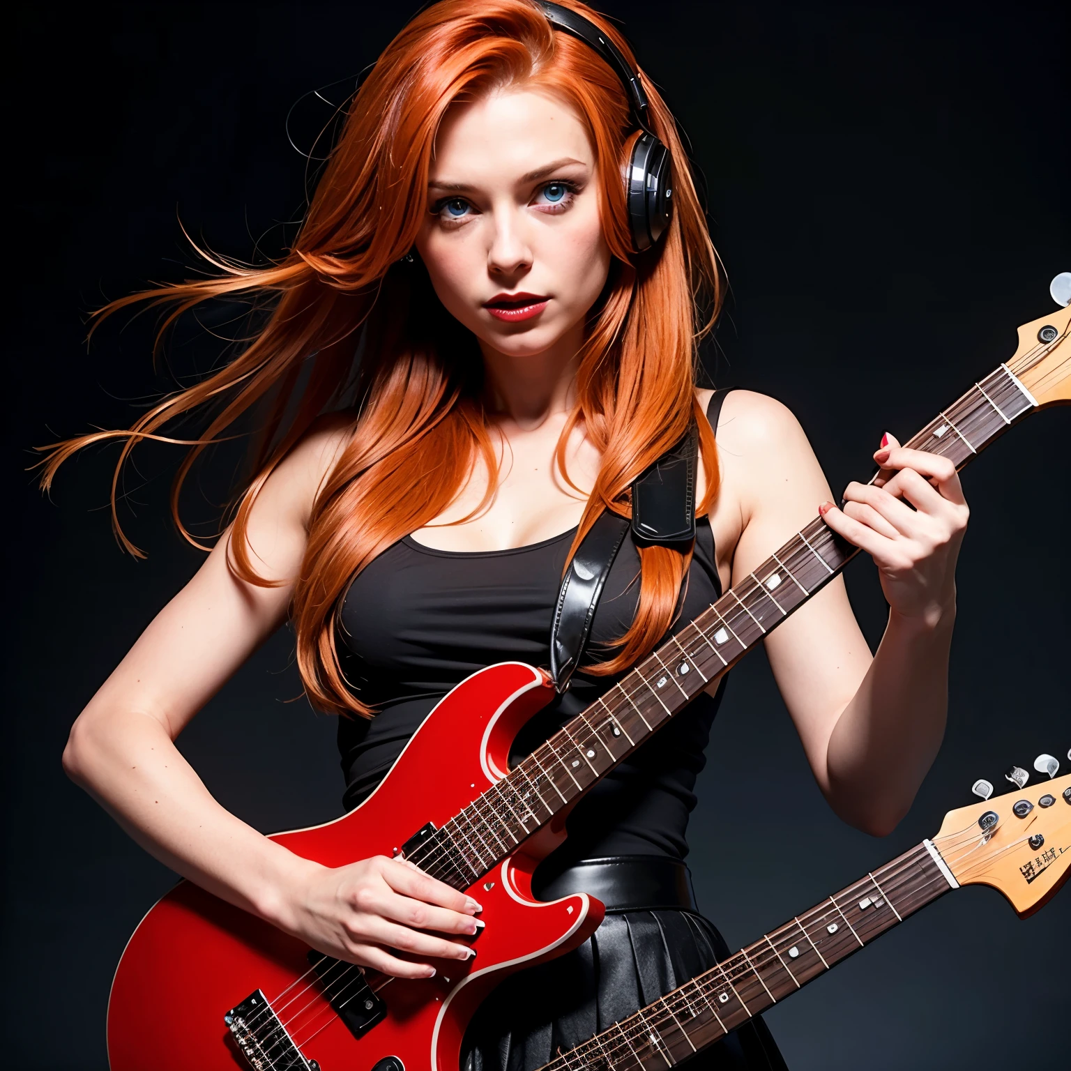 A solo redhead woman, with blue eyes and long hair styled on one side up, is captured in a photo flirting to the camera while holding an electric guitar, wearing a black skirt and pleated skirt, while wearing headphones and showcasing her mesmerizing red lips.