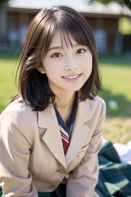 (((​masterpiece))),  (One beautiful Japan girl, classmates, Innocence，kawaii) ，超A high resolution, Realistic, ultra-detailliert, 8K,top-quality, Extremely detailed, Detailed background,A slender,very beautiful japanese girl, Detailed face:1.3), (Boyish short-haired，A dark-haired :1.4), (a ，kawaii系,adorable 14 year oPerfect body:1.1),  (Brown blazer, Light brown pleated mini skirt), waiting for a kiss，Provocative smile,Show your beautiful teeth,Super Detailed Face、Detailed lips、A detailed eye、small gravure idol，Transparent skin、Lori，Japanese high school uniform with the school emblem on the chest，high-definition RAW color photography, professional photograpy, Extremely detailed,, amazing, finely detail, Huge file size, extremely detailed fingers, highly detailed nose, highly detail mouth,  (bed), ((Full body shot)), (lie down on the bed),Perfect Anatomy, Photorealsitic, 8k full-length portraits, Photography, Perfect Skin, Warm air，Expectations and anxieties，The chest is exposed and the shoulders are visible..，Beautiful collarbone，Gorgeous hotel rooms