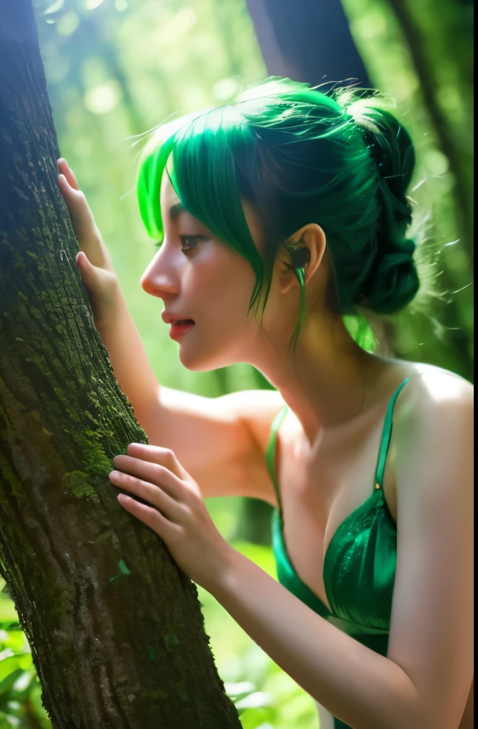 Best Quality, 4K, 8K, hight resolution, ​masterpiece, Ultra-detailed, Realistic, Photorealistic, Cinematic lighting, Beautiful detailed glow, Detailed face, Light leak, amazing, Intricate details, Dynamic Angle, Green hair, A cute Japanese woman, Small breasts, Touching the tree, enjoy the scent of flowers,  Rich green hues and natural textures.,Rough view of a woman reaching for a tree in the forest, Yakub, Fantasia , , Enchanting Magical Fantasia Forest, Whimsical Fantasia Landscape , in magical woods, An enchanted forest, in magical woods, NSFW, Green bra,