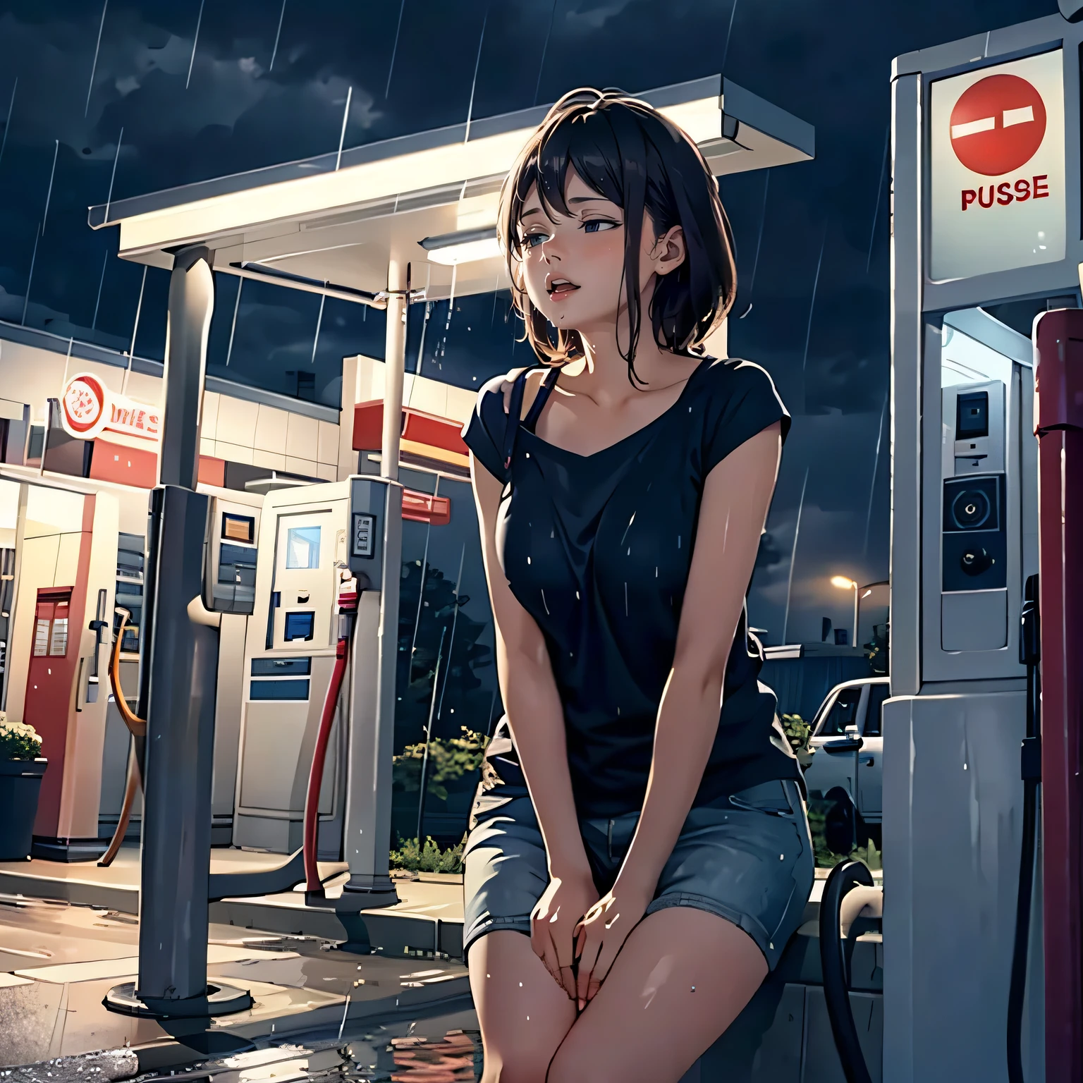 a woman, (peeing while straddling to hit her crotch against the pipe for masturbation in the rain), gas station at night, thunderstorm,