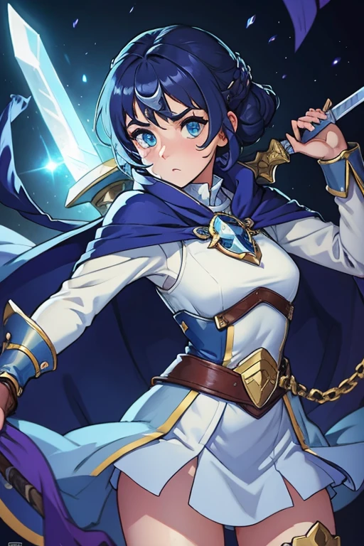 1 girl,blue color eyelack cape,Hold a sword in hand,