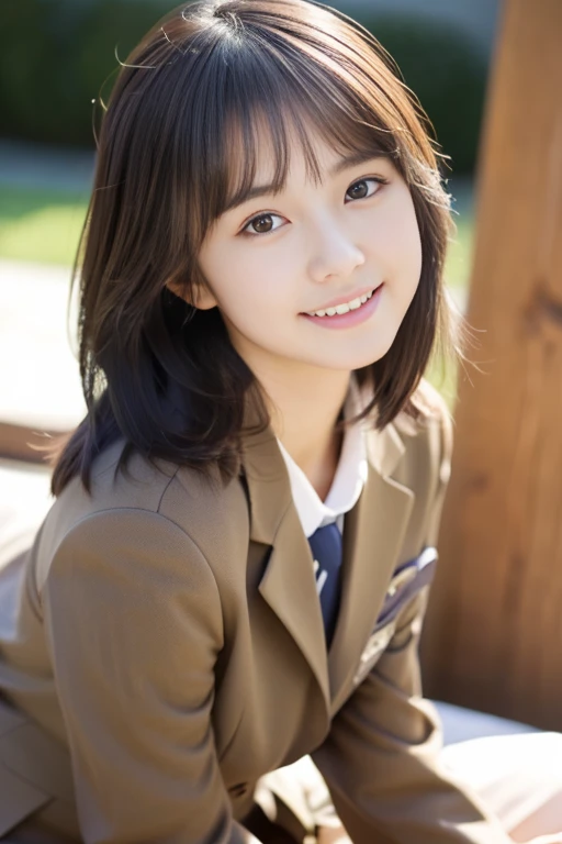 (((​masterpiece))),  (One beautiful Japan girl, classmates, Innocence，kawaii) ，超A high resolution, Realistic, ultra-detailliert, 8K,top-quality, Extremely detailed, Detailed background,A slender,very beautiful japanese girl, Detailed face:1.3), (Boyish short-haired，A dark-haired :1.4), (a baby face，kawaii系,adorable 14 year old girl), (Perfect body:1.1),  (Brown blazer, Light brown pleated mini skirt), waiting for a kiss，Provocative smile,Show your beautiful teeth,Super Detailed Face、Detailed lips、A detailed eye、small gravure idol，Transparent skin、Lori，Japanese high school uniform with the school emblem on the chest，high-definition RAW color photography, professional photograpy, Extremely detailed,, amazing, finely detail, Huge file size, extremely detailed fingers, highly detailed nose, highly detail mouth,  (bed), ((Full body shot)), (lie down on the bed),Perfect Anatomy, Photorealsitic, 8k full-length portraits, Photography, Perfect Skin, Warm air，Expectations and anxieties，The chest is exposed and the shoulders are visible..，Beautiful collarbone，Gorgeous hotel rooms