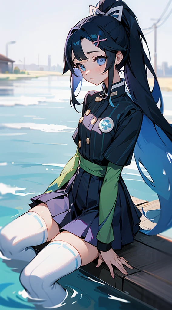 1Girl, small breast, small hips, blue ayes, blue light long hair, Kimetsu no yaiba uniform, Short skirt, Sitting near the river, striped thighhighs,,,pevert,petite,Snow hairpin