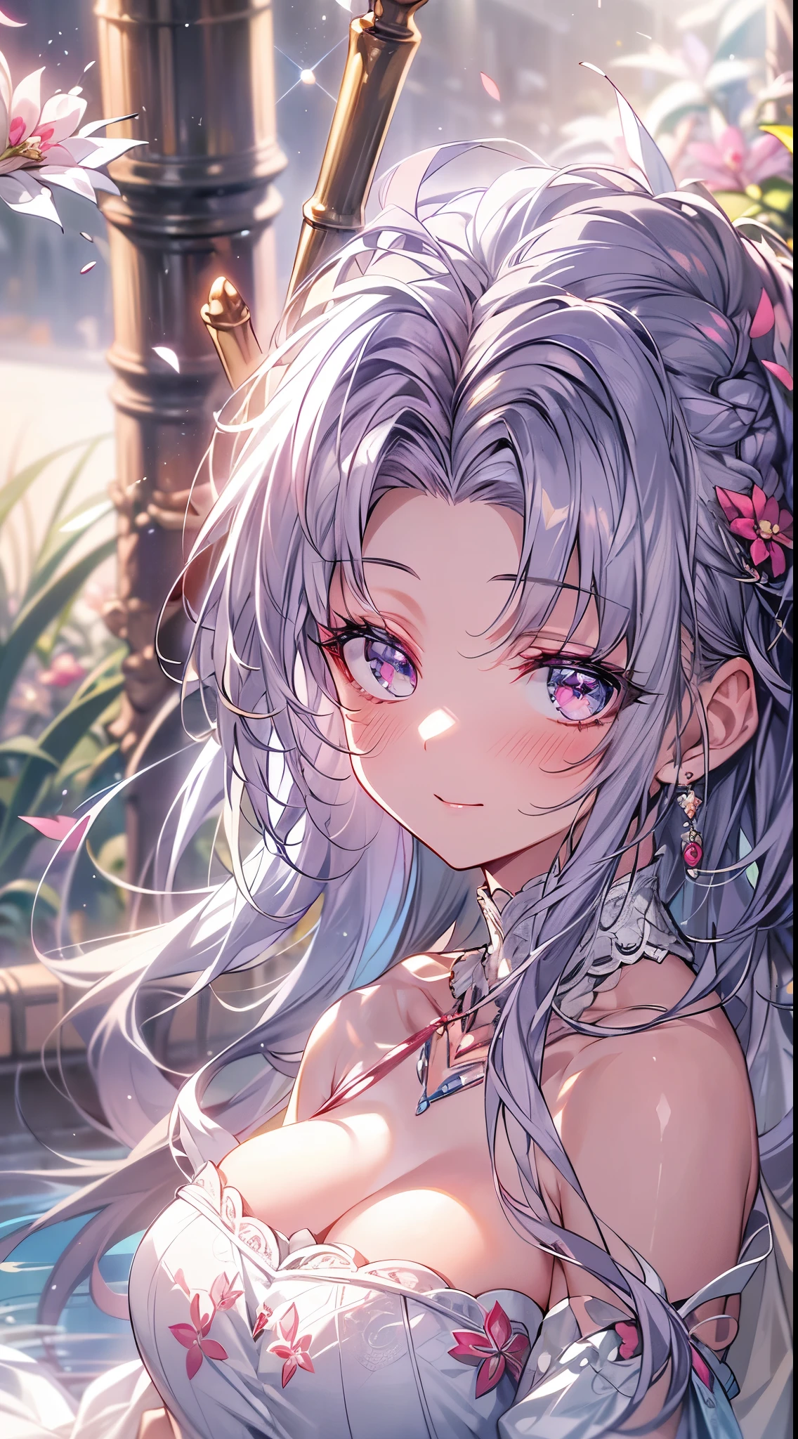 (overhead view), mature woman, 1girl, (masterpiece, best quality, ultra-detailed), sharp focus, detailed face, face focus, extremely detailed eyes, long hair, crown braid, hair over shoulder, (silvery-purple hair:1.3), purple eyes, (glitter eyes:1.2), long eyelashes, (heavy blush, drunk:1.2), delicate makeup, big breasts, ((pink and white intricate dress, bare shoulders, cleavage)), ((twilight, holding diamond shard, exploring, bamboo shoots background, grass, green particles surrounds, tranquil pond, cherry blossom backdrop, breeze)), cinematic lighting, rim lightning, ray tracing, shadowing, dynamic angle