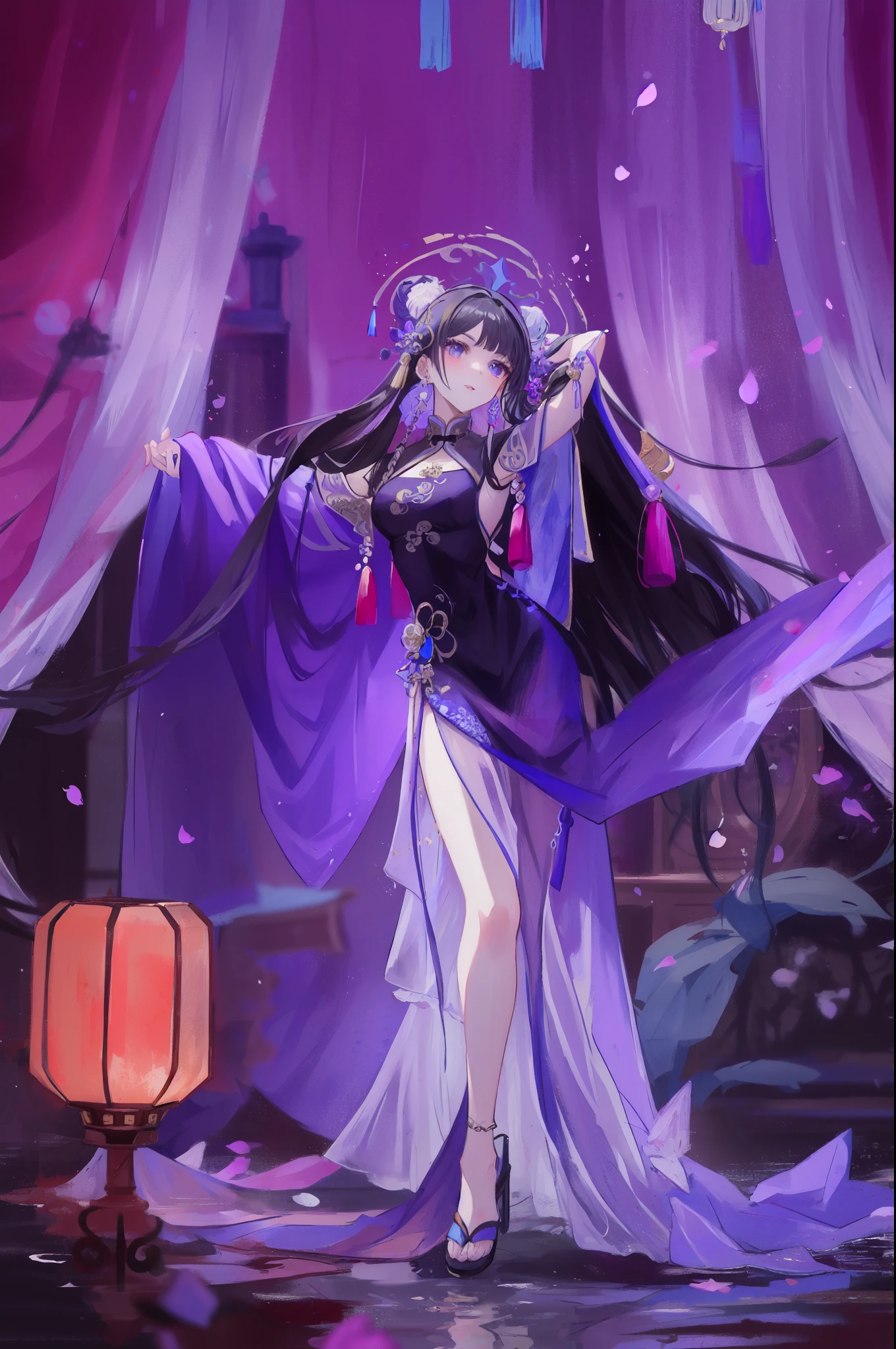 (painting:1.3), (blurry:1.3), (blurry drawing:1.3), a woman in a purple dress is dancing in the water, (black long hair:1.2), elegant glamourous , glamourouull body xianxia, chinese costume, ornate , oriental fantasy, maya fey from ace attorney, inspired by Lan Ying, chinese fantasy, flowing magical robe, anime , a beautiful fantasy empress, inspired by Li Mei-shu, chinese empress