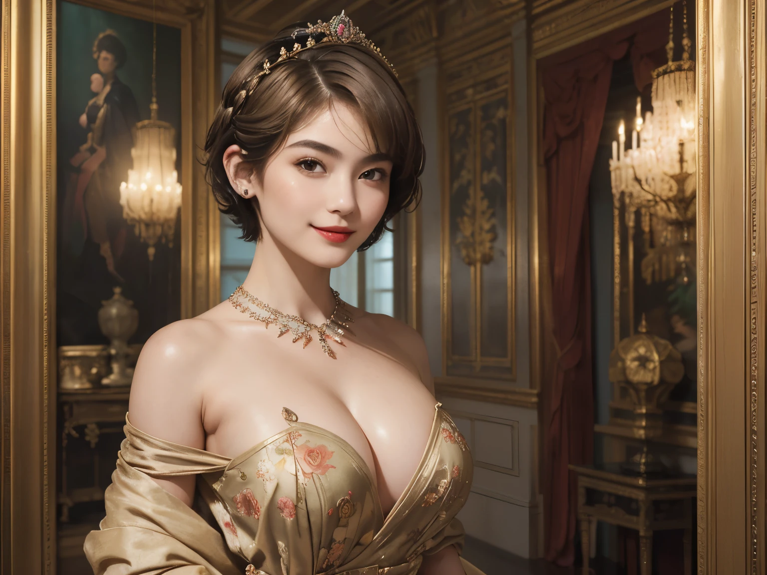 140
(a 20 yo woman,in the palace), (A hyper-realistic), (high-level image quality), ((beautiful hairstyle 46)), ((short-hair:1.46)), (kindly smile), (breasted:1.46), (lipsticks), (is wearing dress), (murky,wide,Luxurious room), (florals), (an oil painting、Rembrandt)