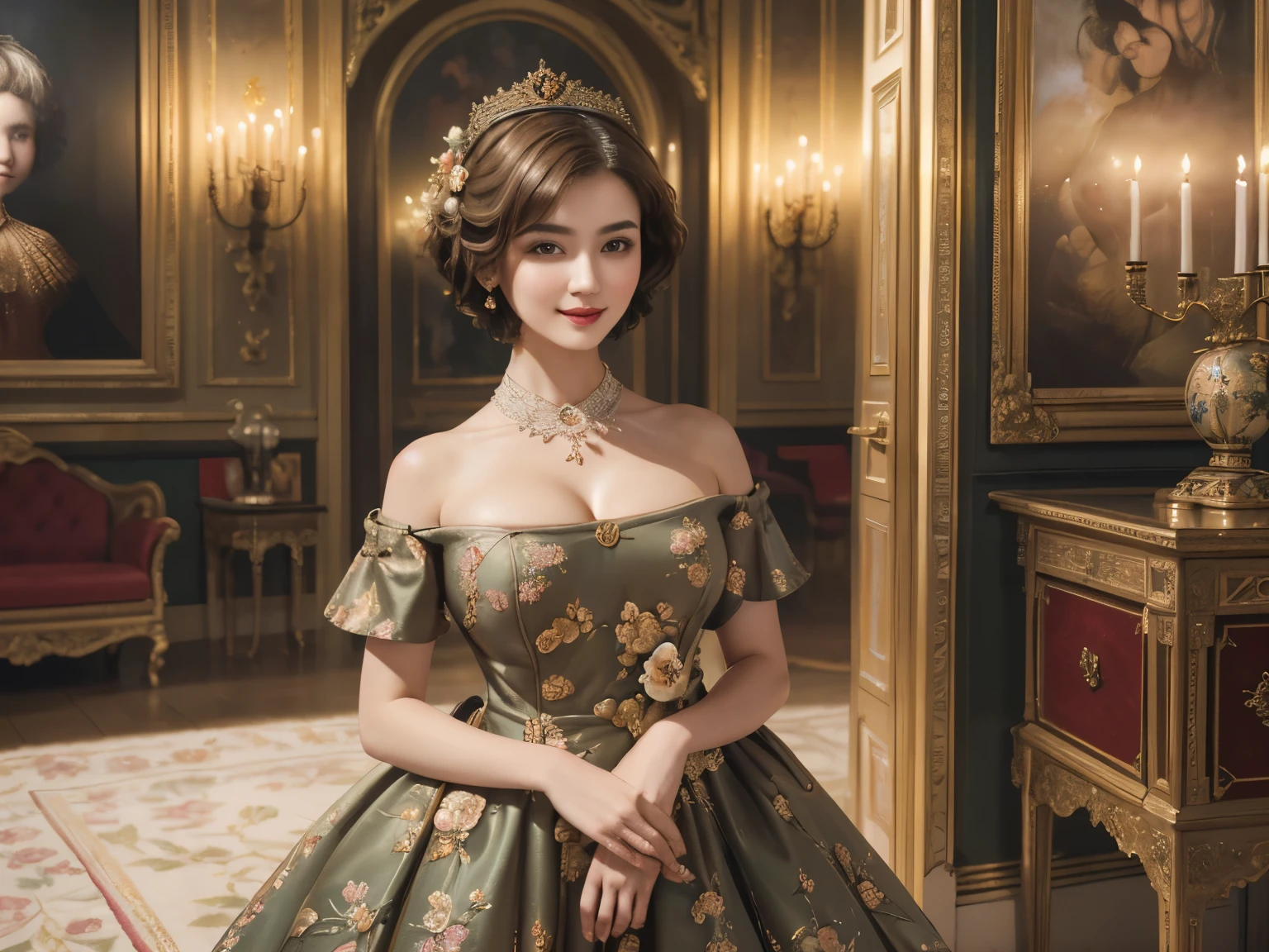 140
(a 20 yo woman,in the palace), (A hyper-realistic), (high-level image quality), ((beautiful hairstyle 46)), ((short-hair:1.46)), (kindly smile), (breasted:1.46), (lipsticks), (is wearing dress), (murky,wide,Luxurious room), (florals), (an oil painting、Rembrandt)