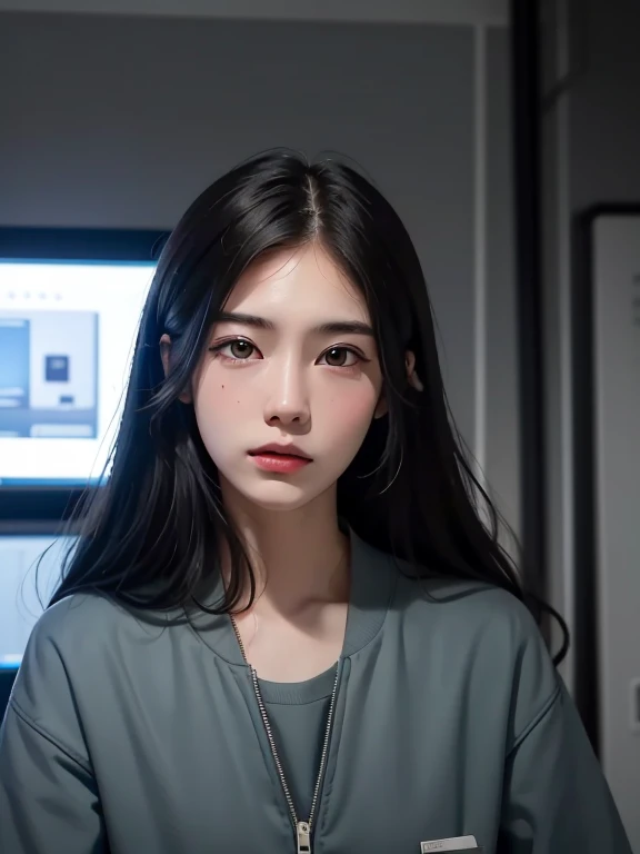 The technician dresses up as a young woman with black hair,The expression is serious, In the background is a large scientific observatory,Lots of big screens and staff