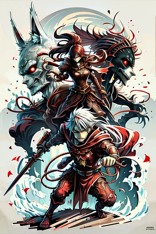 Anime character in red is fighting with sword, Rob Ray and Kentaro Miura style, Rob Ray and Kentaro Miura style, Ross Chan (Ross Tran) and Bayard Wu (Bayard Wu), Artgerm and Atey Ghailan, krenz cushart and wenjun lin, akehiko inoue and ross tran, yiqiang and shurakrgt