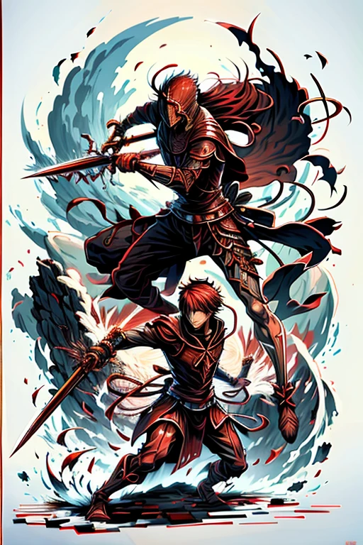 Anime character in red is fighting with sword, Rob Ray and Kentaro Miura style, Rob Ray and Kentaro Miura style, Ross Chan (Ross Tran) and Bayard Wu (Bayard Wu), Artgerm and Atey Ghailan, krenz cushart and wenjun lin, akehiko inoue and ross tran, yiqiang and shurakrgt