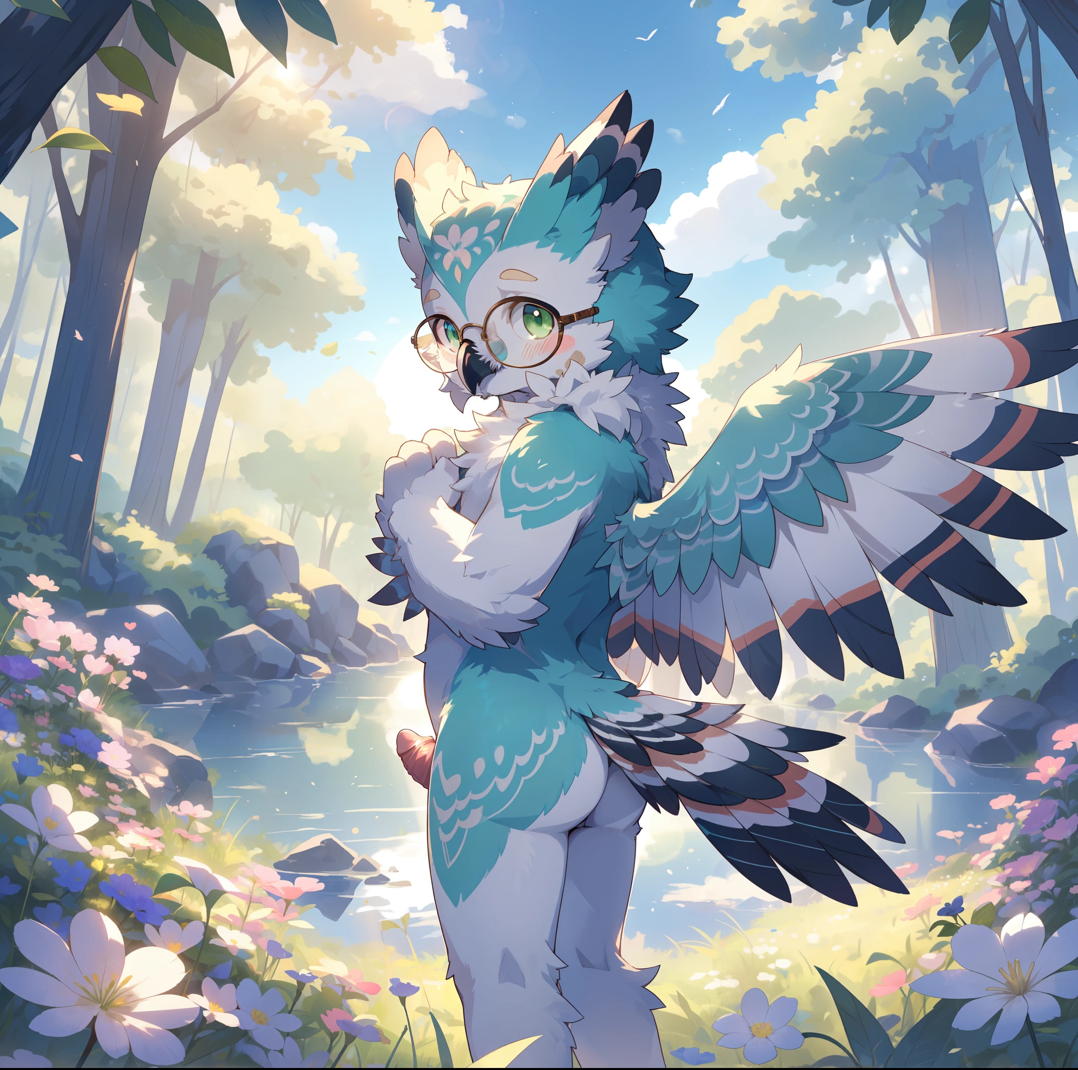 Summer, sunlight, sun, day(forest) forest, grass, rock, trees, river, flowers, fruits, blue sky, clouds, full_body, Kemono, (white and green feathers, wings), ((owl)) (pink tight anus , anus show , pink small penis, pink nipples ), anatomically correct , male, furry, (fluffy | soft body), (naked), blushing, Innocent , soft pawpads, 3_toes (standing_shyly), bright | green pupils, blush | detailed face, facing_viewer, (high_quality, best_quality:1.2), (detailed_background:1.3), (detailed_fur:1.3), (Highly_detailed:1.2),(absurd_res:1.1) uploaded_on_e621, ambient_sun_light, reality_ray_tracing, solo, (full body shot, Side shot) anatomically correct, innocent look,shy, wearing round eye glasses, soft body, cute, ass show, (slim sexy body male)