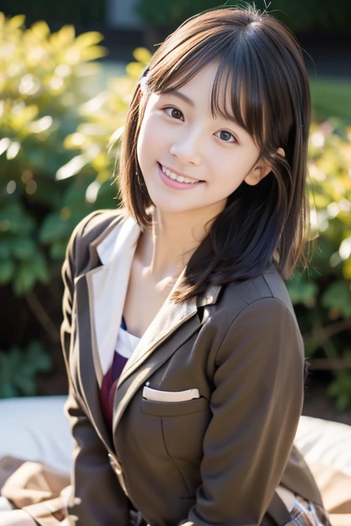 (((masterpiece))), (One beautiful Japan girl, classmates, Innocence,kawaii) ,超A high resolution, Realistic, ultra-detailliert, 8K,top-quality, Extremely detailed, Detailed background,A slender,very beautiful japanese girl, Detailed face:1.3), (Boyish short-haired,A dark-haired :1.4), (a baby face,kawaii系,adorable 14 year old girl), (Perfect body:1.1), (Brown blazer, Light brown pleated mini skirt), waiting for a kiss,Provocative smile,Show your beautiful teeth,Super Detailed Face、Detailed lips、A detailed eye、small gravure idol,Transparent skin、Lori,Japanese high school uniform with the school emblem on the chest,high-definition RAW color photography, professional photograpy, Extremely detailed,, amazing, finely detail, Huge file size, extremely detailed fingers, highly detailed nose, highly detail mouth, (bed), ((Full body shot)), (lie down on the bed),Perfect Anatomy, Photorealsitic, 8k full-length portraits, Photography, Perfect Skin, Warm air,Expectations and anxieties,The chest is exposed and the shoulders are visible..,Beautiful collarbone,Gorgeous hotel rooms