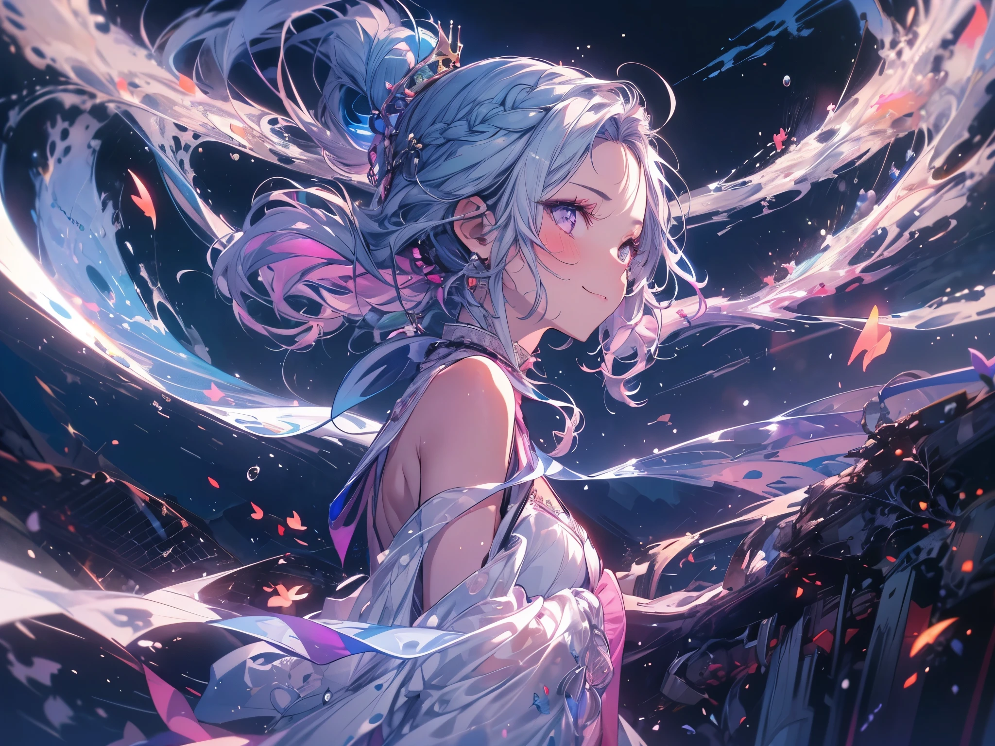 (overhead view), mature woman, 1girl, CG illustration, (masterpiece, best quality, ultra-detailed), sharp focus, detailed face, face focus, extremely detailed eyes, long hair, crown braid, hair over shoulder, sky-blue hair, pink eyes, long eyelashes, (blush, small smile), delicate makeup, big breasts, bare shoulders, cleavage, ((colors of clothing: pink, white, with purple and black ribbons)), ((moon, night, fireflies, blue particles surrounds, mountains in distance, waterfall behind, breeze)), cinematic lighting, rim lightning, ray tracing, shadowing, dynamic angle