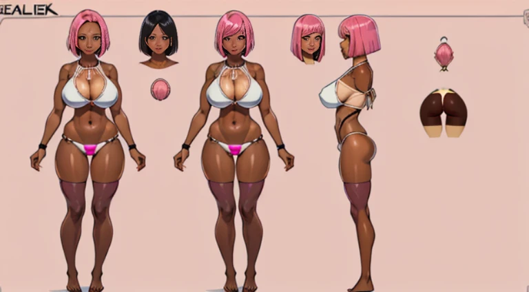 Female original character reference sheet adoptable, pink hair, (short bangs hair:1.36), brown eyes, 1girl, (full body:1.4), big Breasts, (((dark skin))),