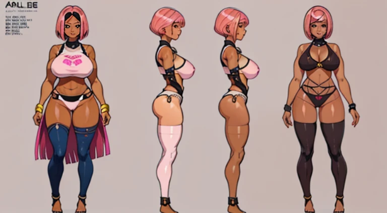 Female original character reference sheet adoptable, pink hair, (short bangs hair:1.36), brown eyes, 1girl, (full body:1.4), big Breasts, (((dark skin))),