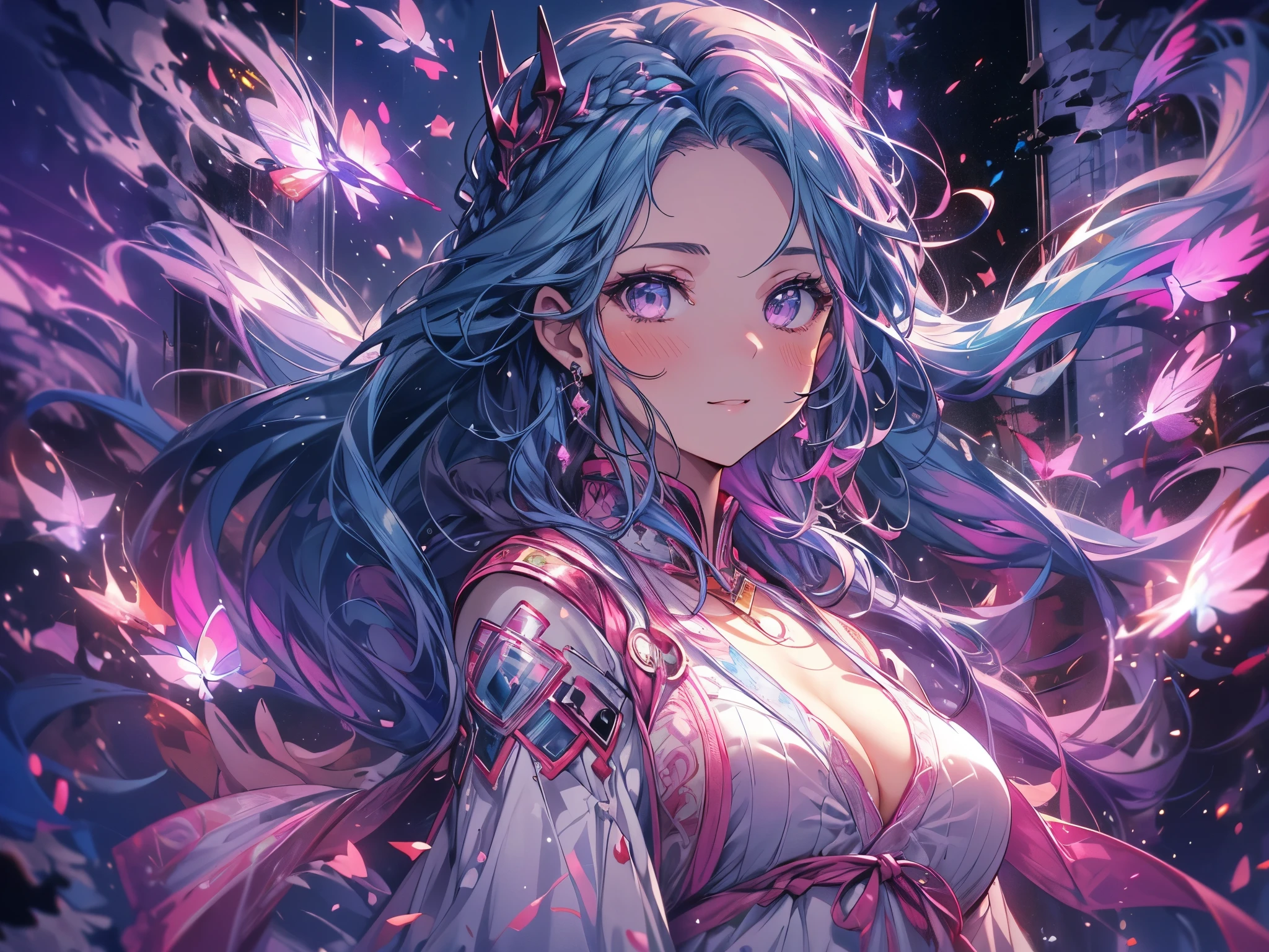 (wide-angle lens), mature woman, 1girl, CG illustration, (masterpiece, best quality, ultra-detailed), sharp focus, detailed face, face focus, extremely detailed eyes, long hair, crown braid, hair over shoulder, forehead, sky-blue hair, pink eyes, long eyelashes, (blush, small smile), delicate makeup, big breasts, bare shoulders, cleavage, ((colors of clothing: pink, white, with purple and black ribbons)), ((glowing lake in middle of forest, moon, night, fireflies, blue particles surrounds, breeze)), cinematic lighting, rim lightning, ray tracing, shadowing, dynamic angle