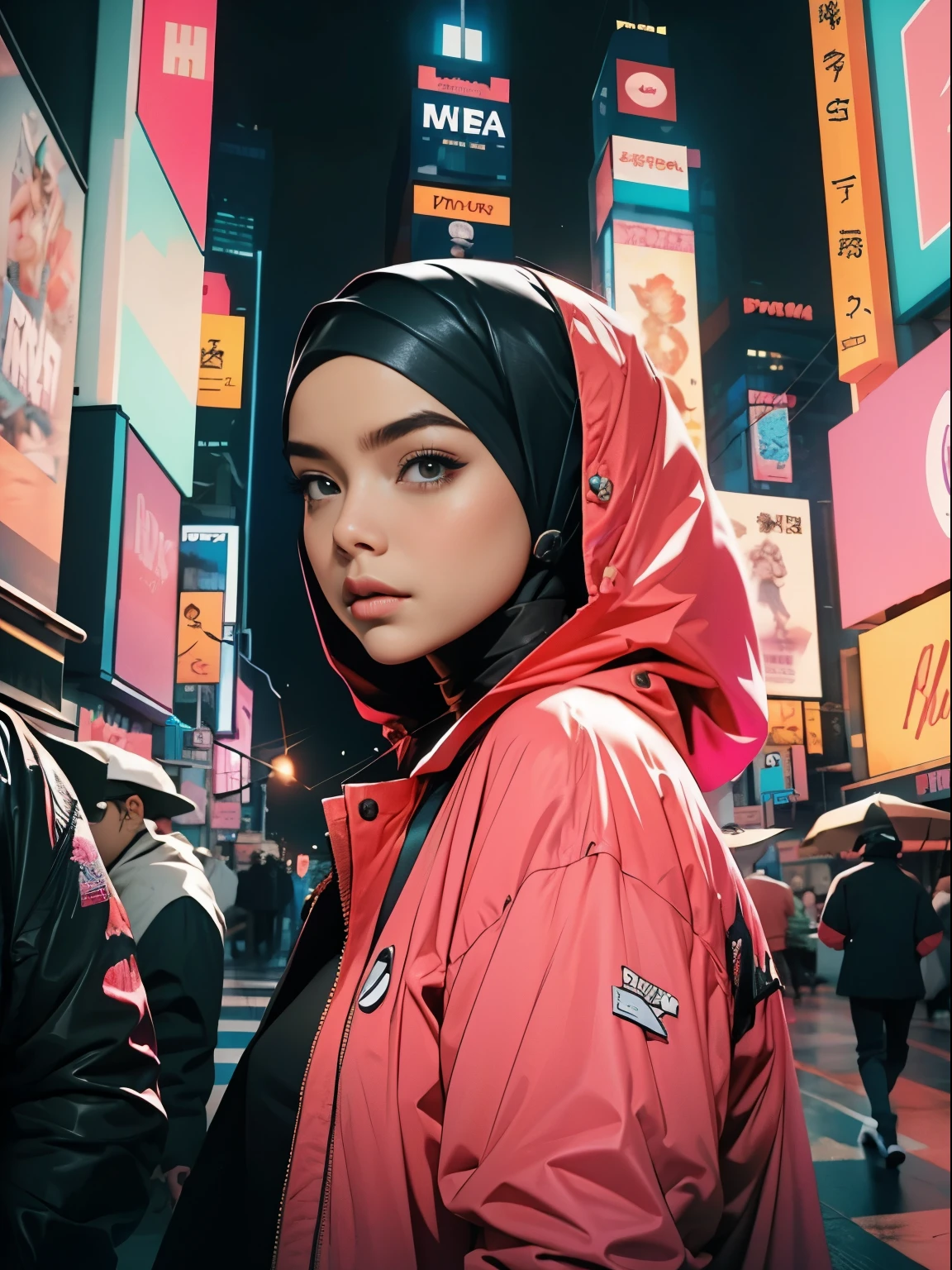 character design, cyberpunk style, 1 female, malay female, malaysian female, dark skin, mira filzah, mira filzah face. background new york time square, neon light, night, weather raining, cinematic.