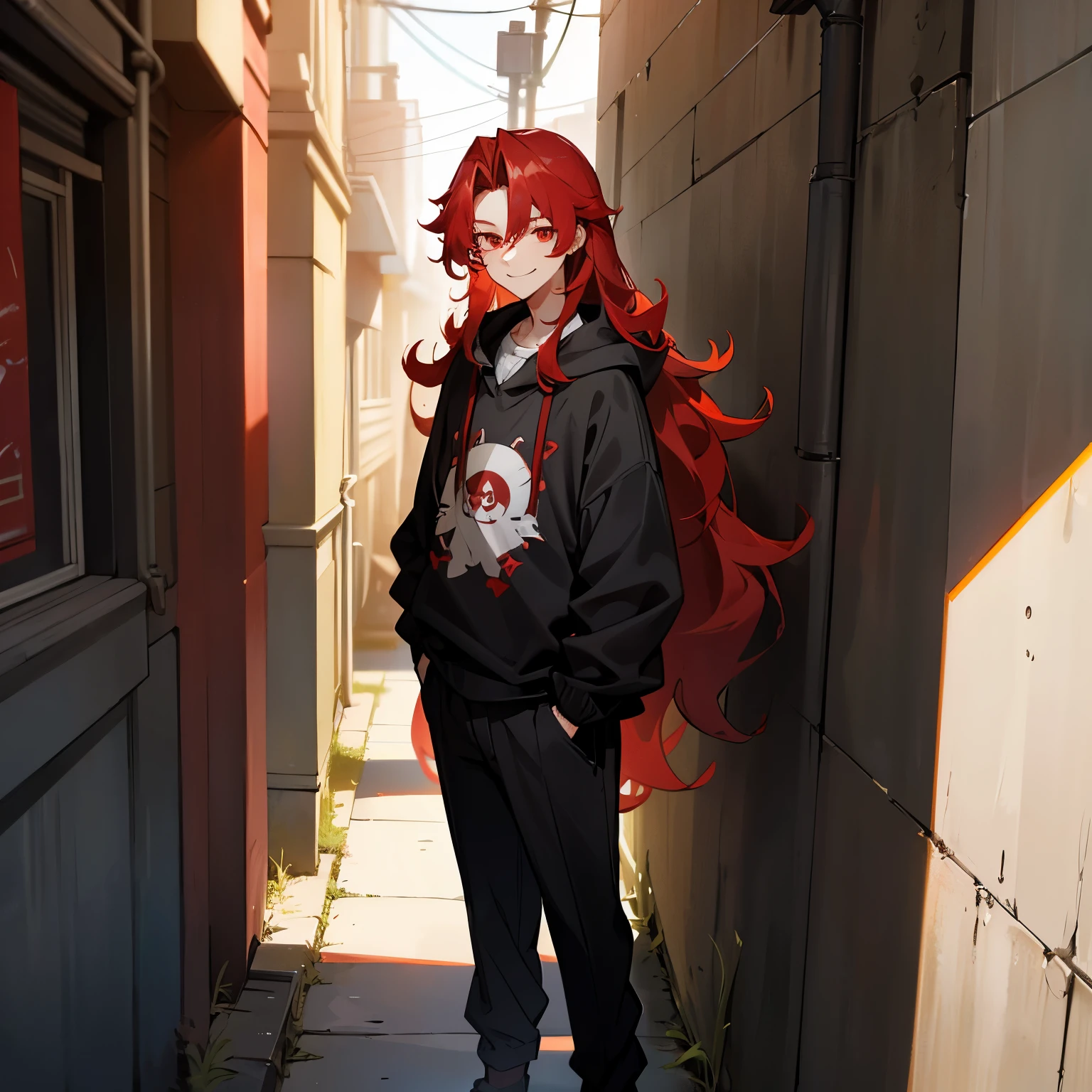 Long Wavy Hair , Red Hair , Red Eyes , 1male , , Baggy Sweater , Black Pants , Young Male , Standing in alley , Smile Expression