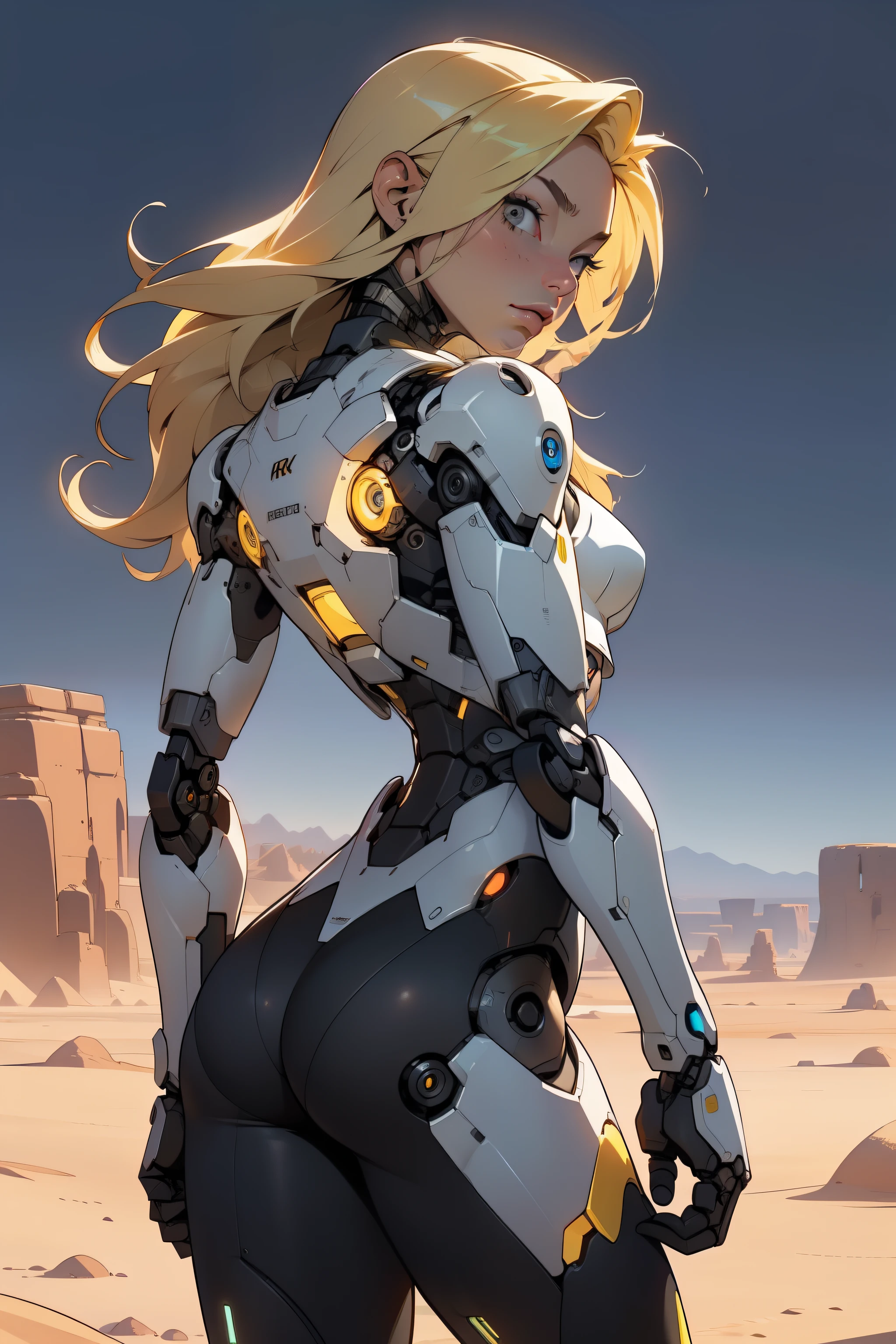 high quality, 4k, masterpiece, beautiful, cyborg girl, cowboy shot, dull eyes, back side, turning around to look at viewer, long blonde hair, girl, small breasts, fit thigh, robotic arms, robotic body, cyborg body, yellow accent, redaccent, intricate detail, joint, detailed lines, robotic detail, holding fist up, holding hand up as fist, color robotic parts, robotic parts with color, perfect fingers, on a desert planet, sunny background, colorful desert,