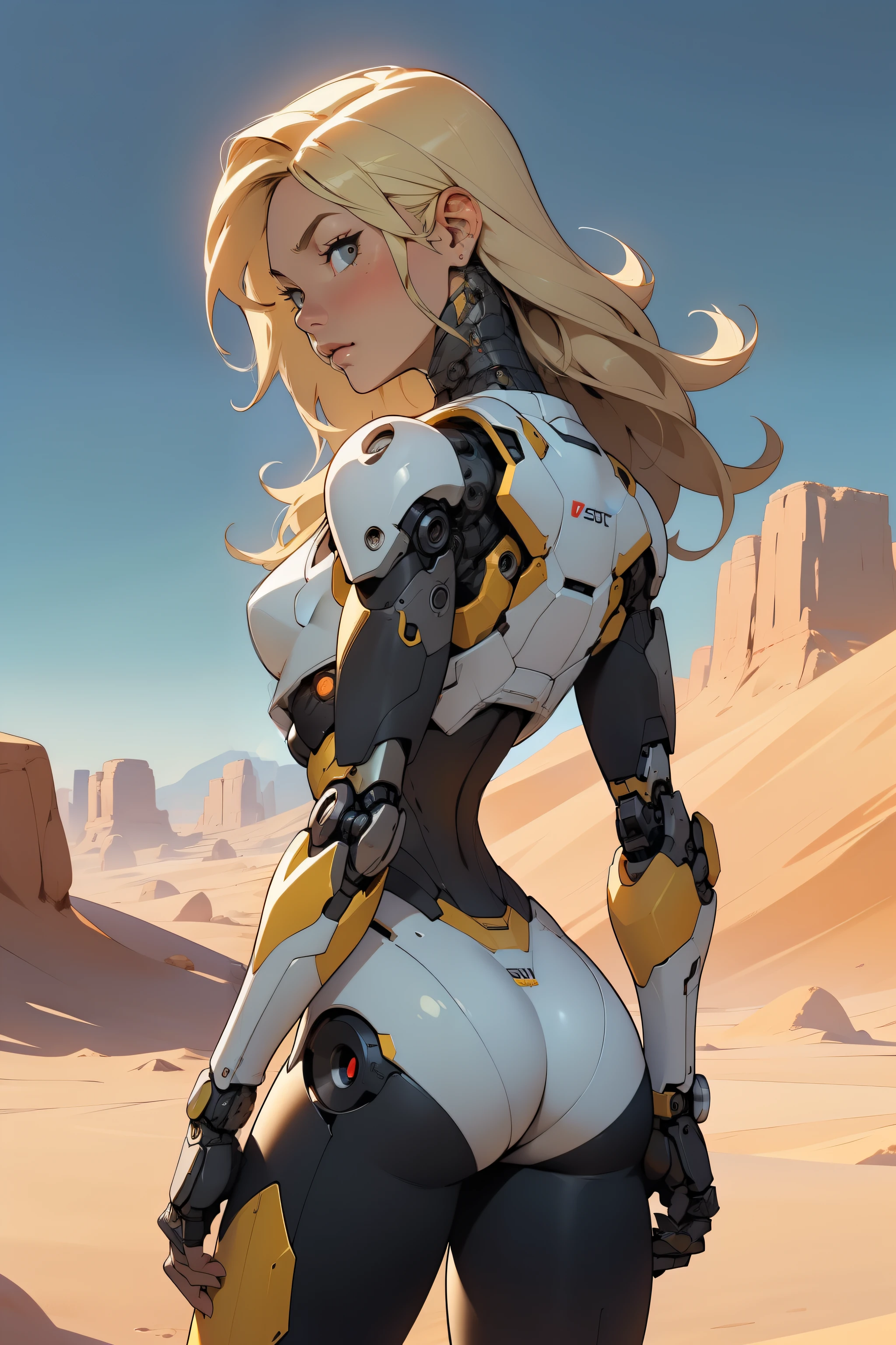 high quality, 4k, masterpiece, beautiful, cyborg girl, cowboy shot, dull eyes, back side, turning around to look at viewer, long blonde hair, girl, small breasts, fit thigh, robotic arms, robotic body, cyborg body, yellow accent, redaccent, intricate detail, joint, detailed lines, robotic detail, holding fist up, holding hand up as fist, color robotic parts, robotic parts with color, perfect fingers, on a desert planet, sunny background, colorful desert,