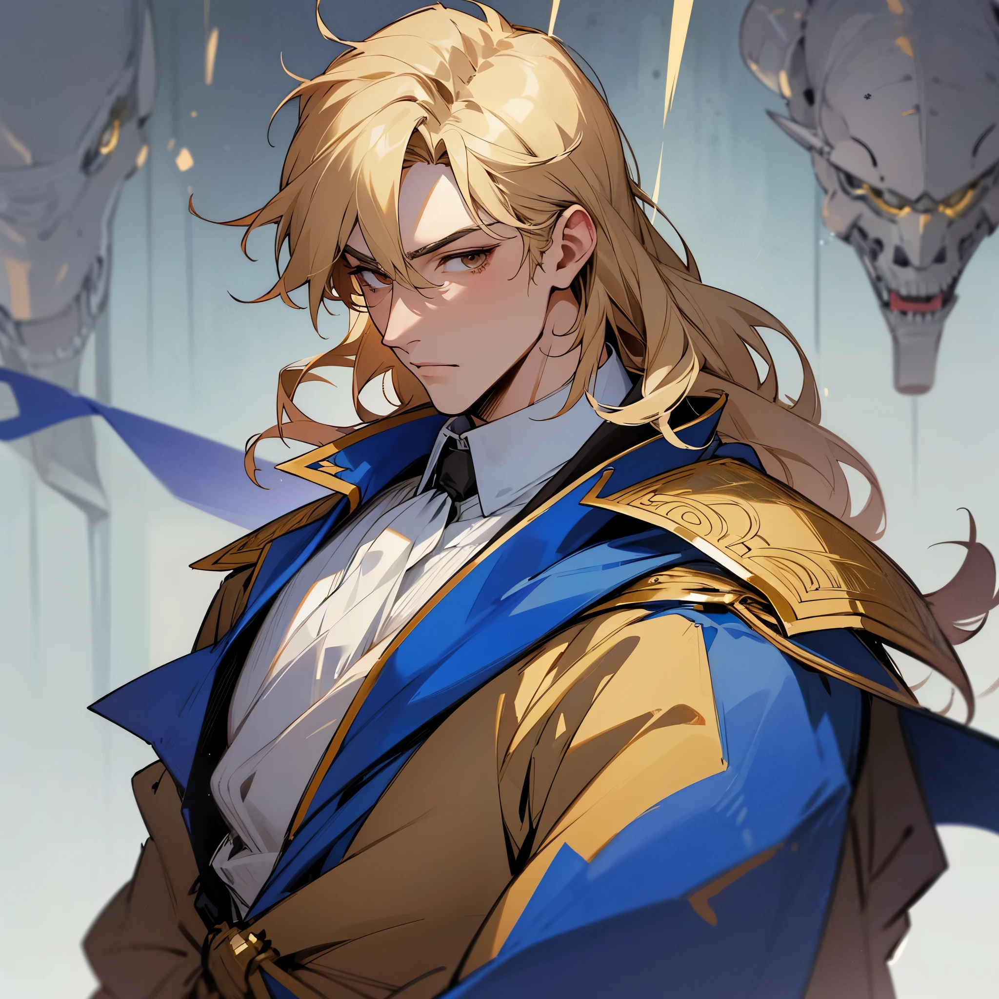 "Stunningly detailed anime sketch of a solo ((toned)) A Caucasian male with a chiseled face with a lean muscular physique with brown eyes and blond hair to his neck wearing blue royal robes"