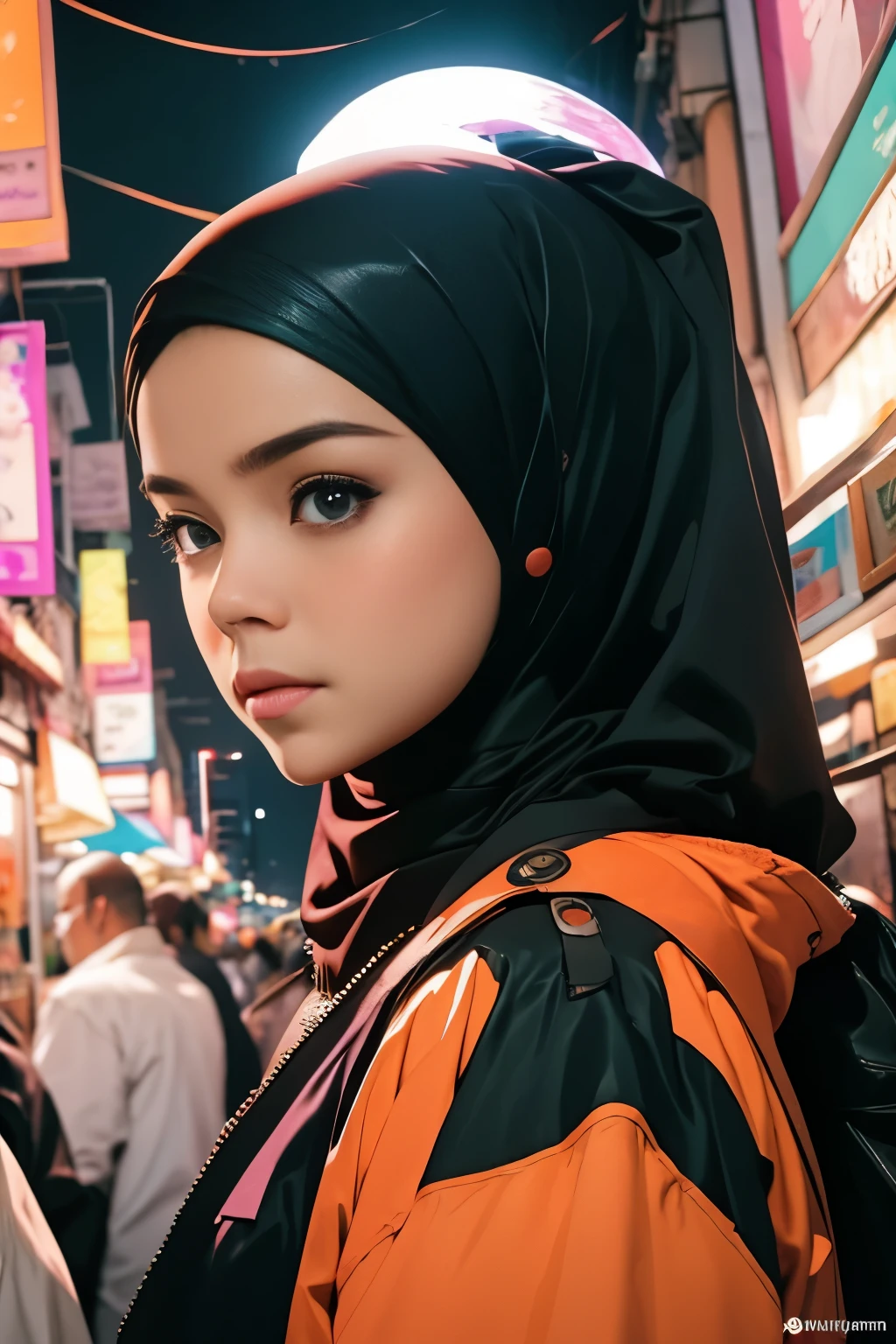 Cyberpunk Style, 1 female, malay female, malaysian female, dark skin, mira filzah, mira filzah face. background kuala lumpur, night market, night, raining