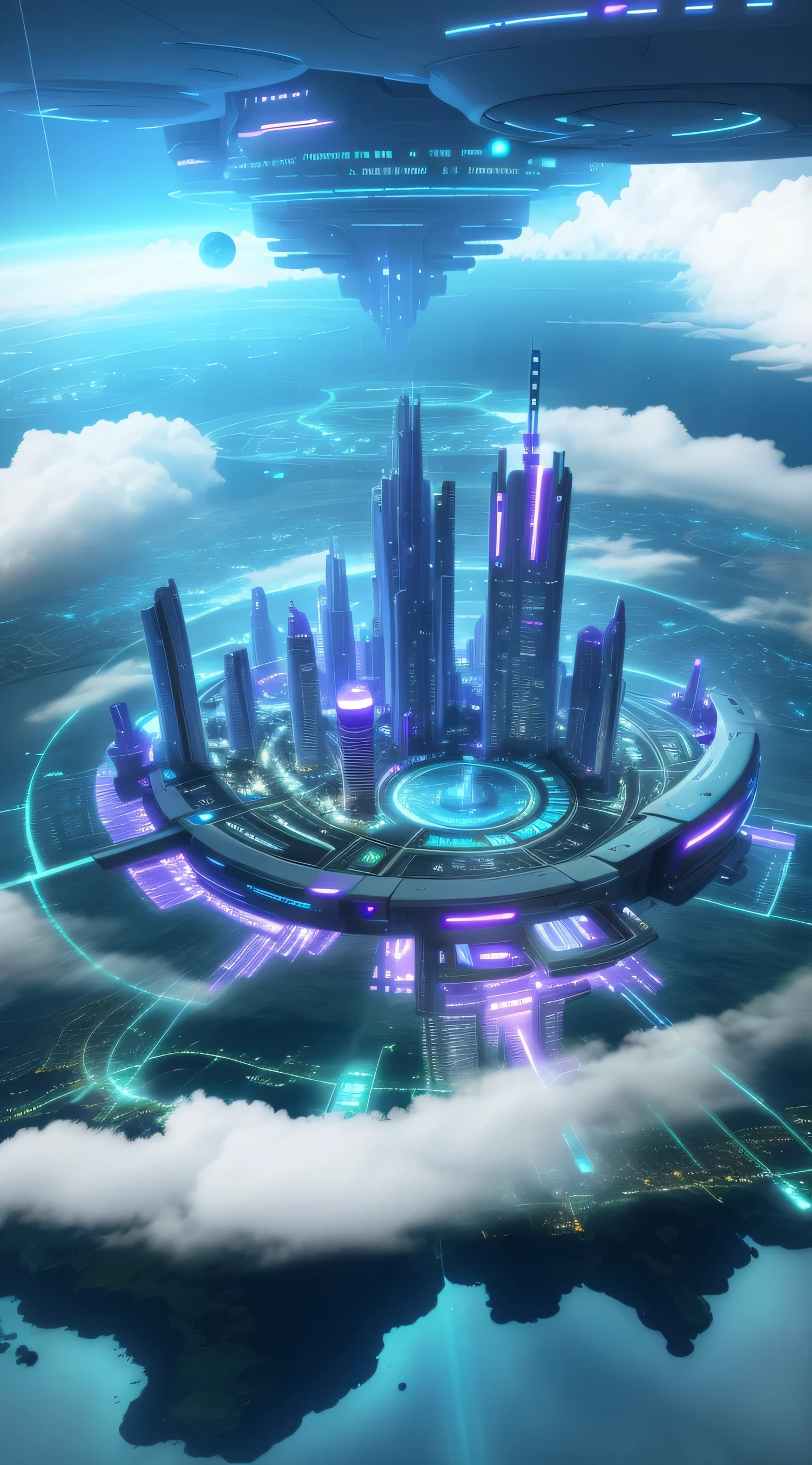 city suspended on island,In the distance are planets and space stations,White clouds and flowing water around,The beautiful city of the future in Wagelding,Tech style,A futuristic,cyber punk style,purple city,high qulity,clear light