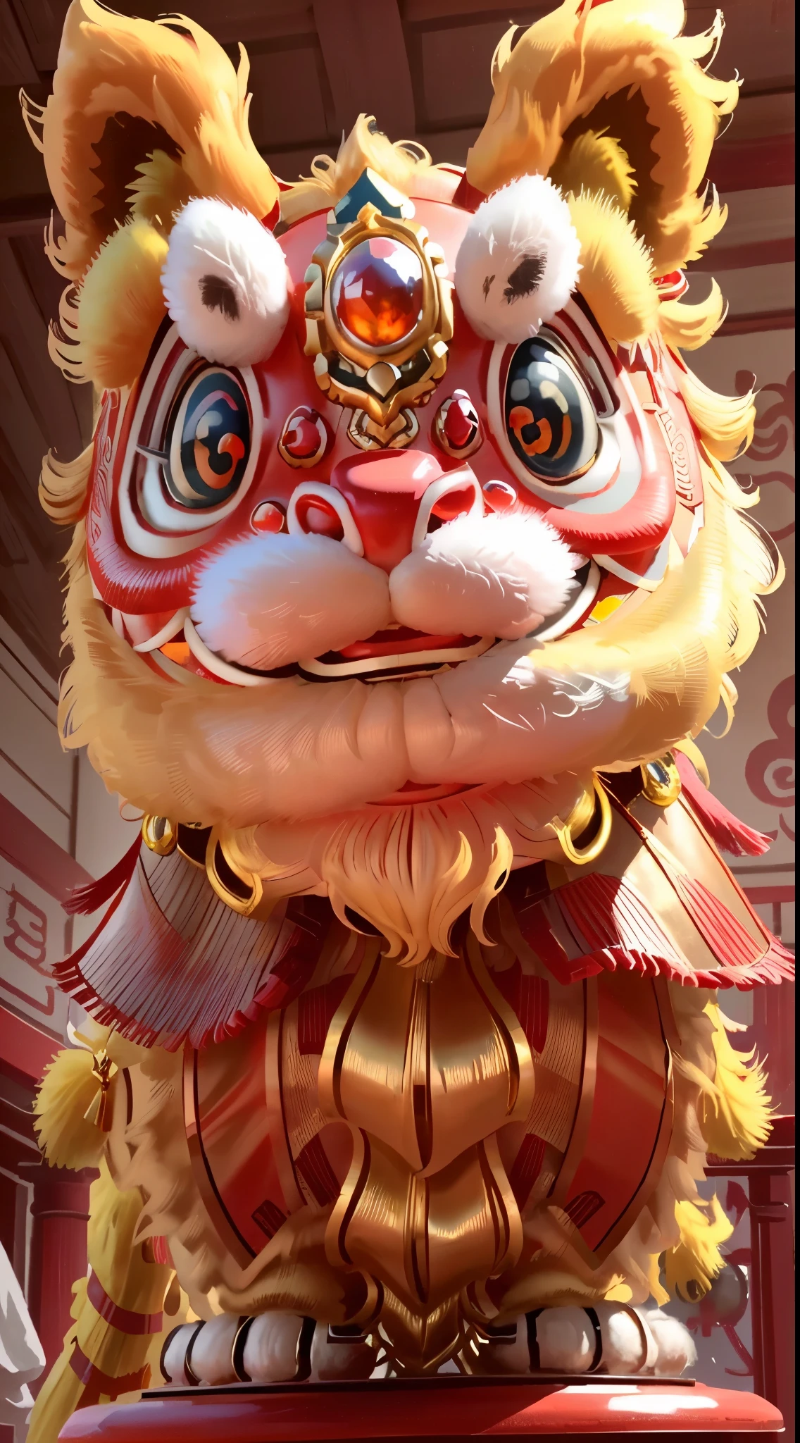 (Best quality,4K,8K,A high resolution,tmasterpiece:1.2),ultra - detailed,Brass lion head sculpture on table,Exquisite workmanship,Red gemstone eyes,Blue gemstone forehead decoration,Gorgeous and luxurious lion's head artwork,Chinese elements,Traditional culture,Traditional craftsmanship,Exquisite handwork,shinning,sparkling gemstones,Lifelike details,vibrant with colors,Glossy polished surface,Decorative pieces,East Asian heritage,Cultural heritage,curio,a bronze sculpture,A symbol of power and strength,Traditional lion dance,Striking center ornament,Complex design,Real performance,Impressive craftsmanship.