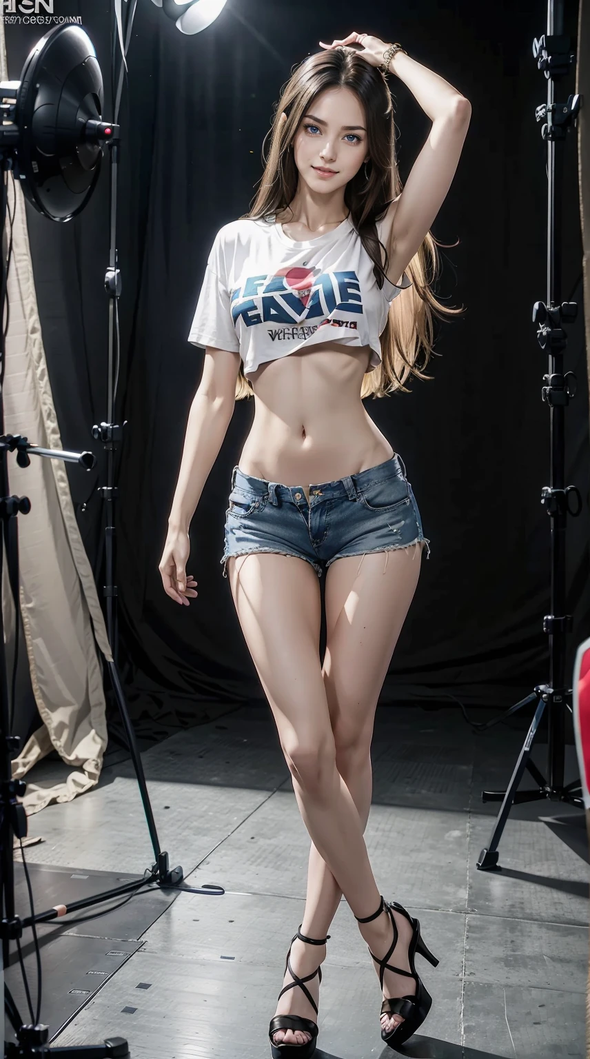 26 year old white woman、Hair is brunette、Eye color is blue、Straight hair、One-length、Slender but well-proportioned muscular body、My abs are cracked、I can see the belly button、She is wearing a T-shirt that shows her underboob.、I&#39;m wearing bermuda shorts、I'm wearing high heels、a smile、The photo was taken in a photo studio.、