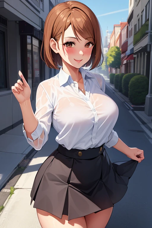 Best Quality, Master Price, 1girl in, (Solo:1.1), 光线追踪, ultra-detailliert,Detailed face, 8K Wallpaper, Large breasts, Smile, wide hips, Rose NDV, Brown hair, Brown eyes, Standing, plein air, Street, Detailed background, (ultra-detailliert:1.2), Open jacket, Shirt, Skirt, (See Sloot:1.2), wet Shirt, blush