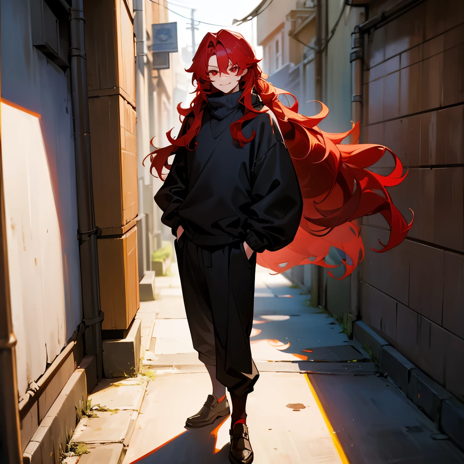 Long Wavy Hair , Red Hair , Red Eyes , 1male ,  , Baggy Sweater , Black Pants , Young Male , Standing in alley , Smile Expression