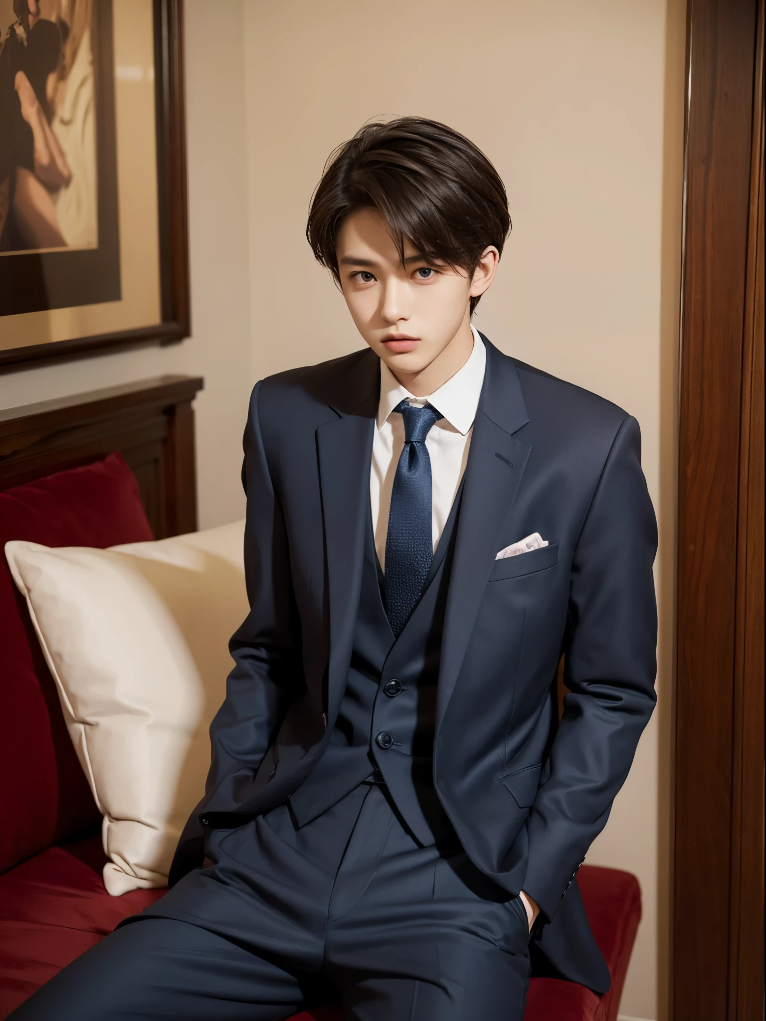 gender:man, y.o, handsome, suit, tie, sitting room