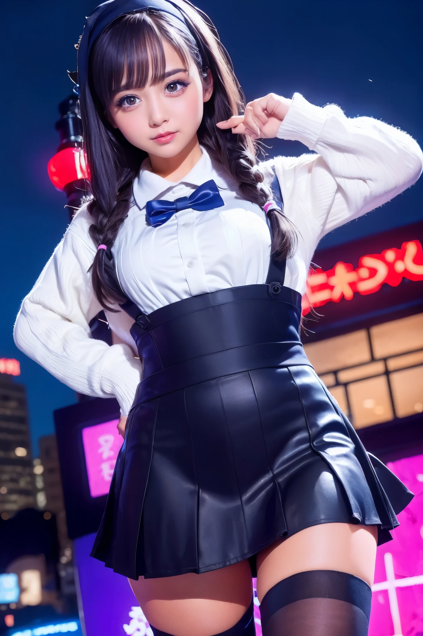 high-angle shot、full body photographed、street snap、A wearing a short skirt and bow tie standing on a neon street in the middle of the night(Tall)There are 3 gal women of、(3 girls)、Phenomenally cute schoolgirl、Guts Pose、micro sailor uniform、Winter clothes、Japanese school black uniform、large udder、Big cleavage exposed、Girl in a surreal female uniform、Wearing a dark blue uniform、Schoolgirl Pose、full body Esbian、Nice skin、glistning skin、lovely thighs、long legged、(wide thighs)、(Micro Mini Skirt)、glowing thigh、With garter、(opaque black knee high socks)、((all hands)(I definitely wear black knee socks that go above the knee.))、I'm wearing leather shoes、High School in Japan 、乃木坂アイドル、韓国アイドル、Invite you inside、Inviting eyes