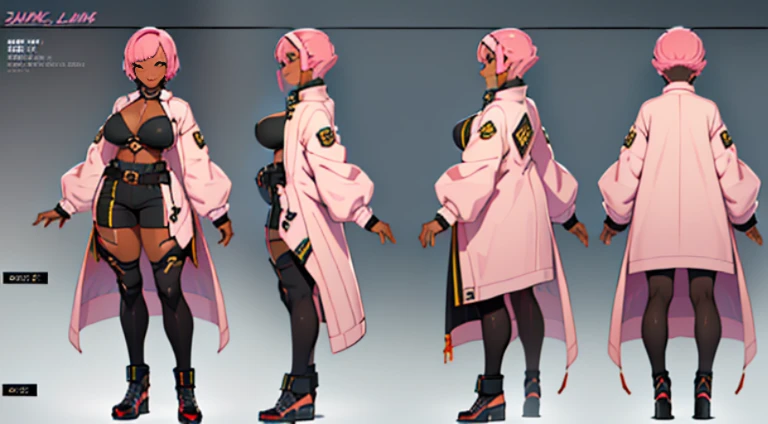 Female original character reference sheet adoptable, pink hair, (short bangs hair:1.36), brown eyes, 1girl, (full body:1.4), big Breasts, (((dark skin))),
