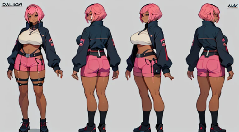 Female original character reference sheet adoptable, pink hair, (short bangs hair:1.36), brown eyes, 1girl, (full body:1.4), big Breasts, (((dark skin))),