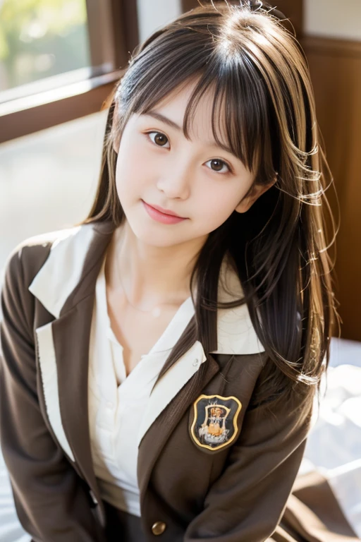 (((​masterpiece))),  (One beautiful Japan girl, classmates, Innocence，kawaii) ，超A high resolution, Realistic, ultra-detailliert, 8K,top-quality, Extremely detailed, Detailed background,A slender,very beautiful japanese girl, Detailed face:1.3), (cute hairstyle，A dark-haired :1.4), (a baby face，kawaii系,adorable 14 year old girl), (Perfect body:1.1),  (Brown blazer, Light brown pleated mini skirt), I close my eyes waiting for a kiss，Super Detailed Face、Detailed lips、A detailed eye、small gravure idol，Transparent skin、Lori，Japanese high school uniform with the school emblem on the chest，high-definition RAW color photography, professional photograpy, Extremely detailed,, amazing, finely detail, Huge file size, extremely detailed fingers, highly detailed nose, highly detail mouth,  (bed), ((Full body shot)), (lie down on the bed),Perfect Anatomy, Photorealsitic, 8k full-length portraits, Photography, Perfect Skin, Warm air，Expectations and anxieties，The chest is exposed and the shoulders are visible..，Beautiful collarbone，Gorgeous hotel rooms