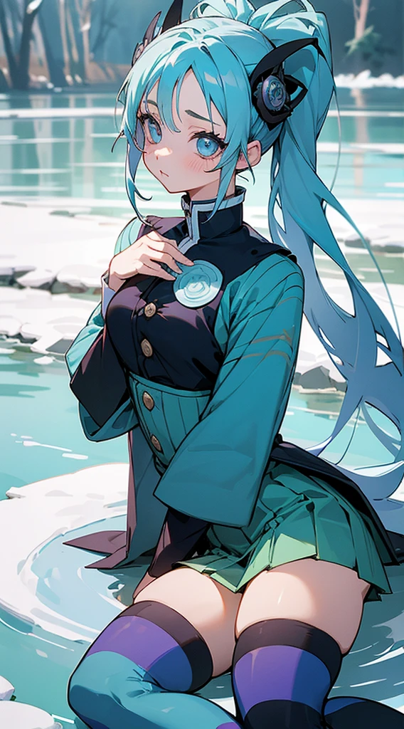 1Girl, small breast, small hips, blue ayes, Long light blue hair , Kimetsu no yaiba uniform, Short skirt, Sitting near the river, striped thighhighs,,,pevert,petite,Snow hairpin
