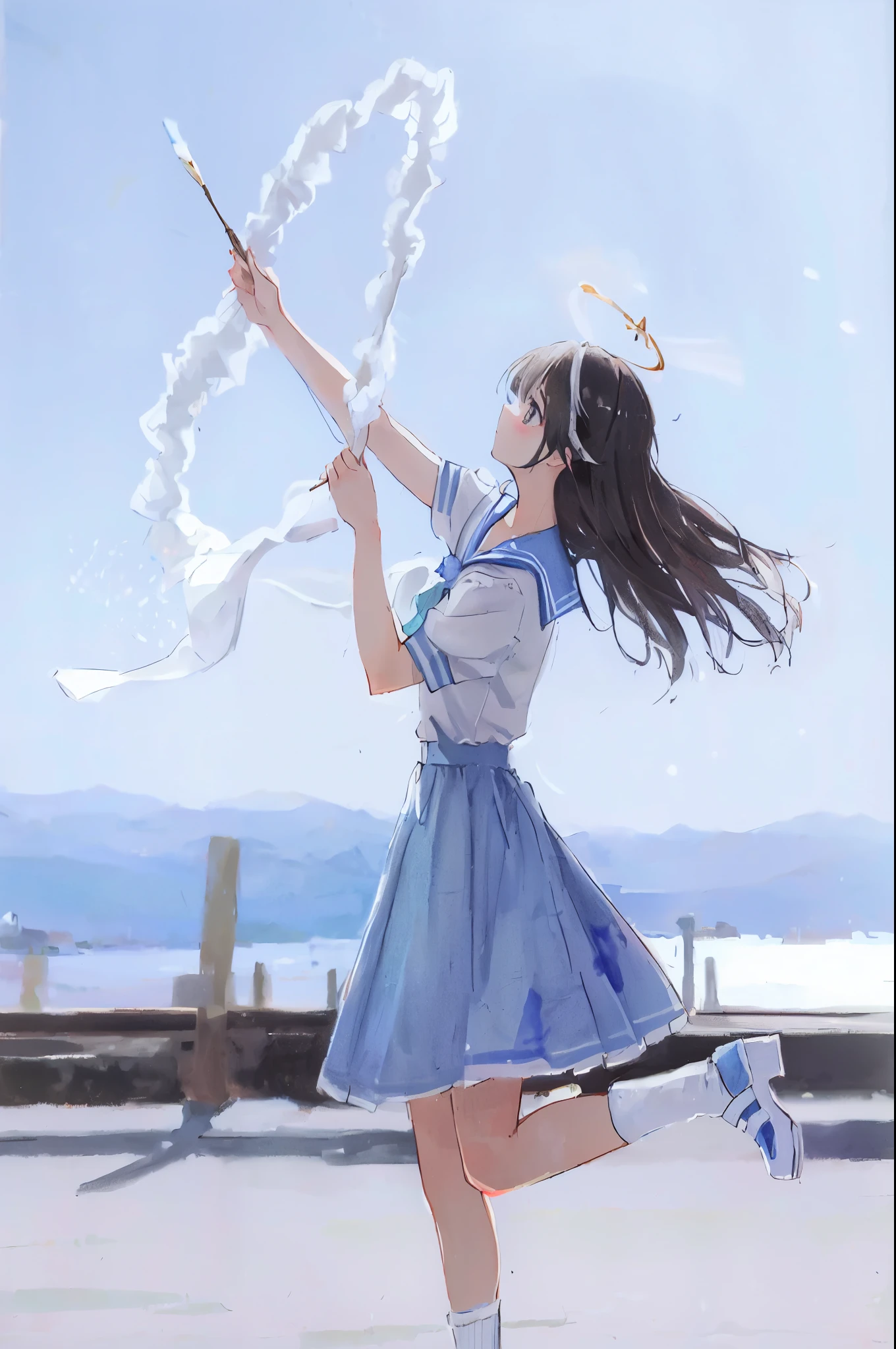 (painting:1.3), (blurry:1.3), (blurry drawing:1.3), araffe girl in a blue dress holding a white cloud bow, white halo cloud, twirling, wind kissed picture, beautiful young wind spirit, rinko kawauchi, aya takano color style, shiori teshirogi, promo art, seifuku, inspired by Yuki Ogura, girl clouds, wind blowing, kawaii playful pose of a dancer, style of magical girl