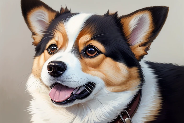 close up portrait of a happy corgi dog, dark background, anime style, ghibli studio style, highly detailed, professional majestic oil painting by Ed Blinkey, Atey Ghailan, Studio Ghibli, by Jeremy Mann, Greg Manchess, Antonio Moro, trending on ArtStation, trending on CGSociety, Intricate, High Detail, Sharp focus, dramatic, photorealistic painting art by midjourney and greg rutkowski