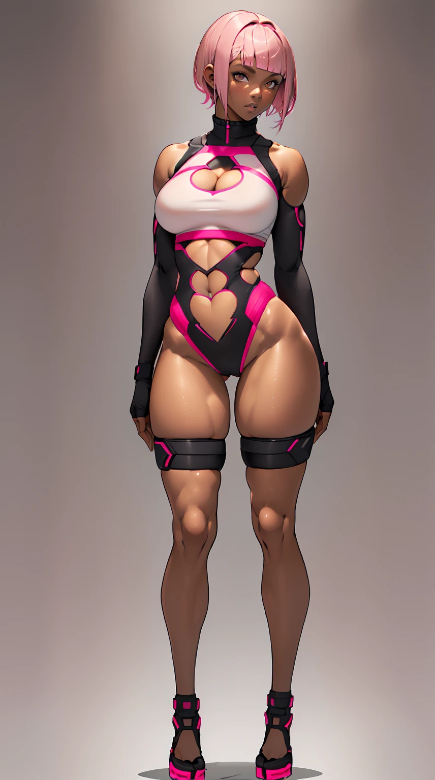 pink hair, (short bangs hair:1.36), detailed brown eyes, narrow waist, depth of field, 1girl, (on a background:1.3), (full body:1.4), pose, big breasts, wide hips, athletic figure, ((thigh cutout:1.3):1.2), (((dark skin))), sedused pose,